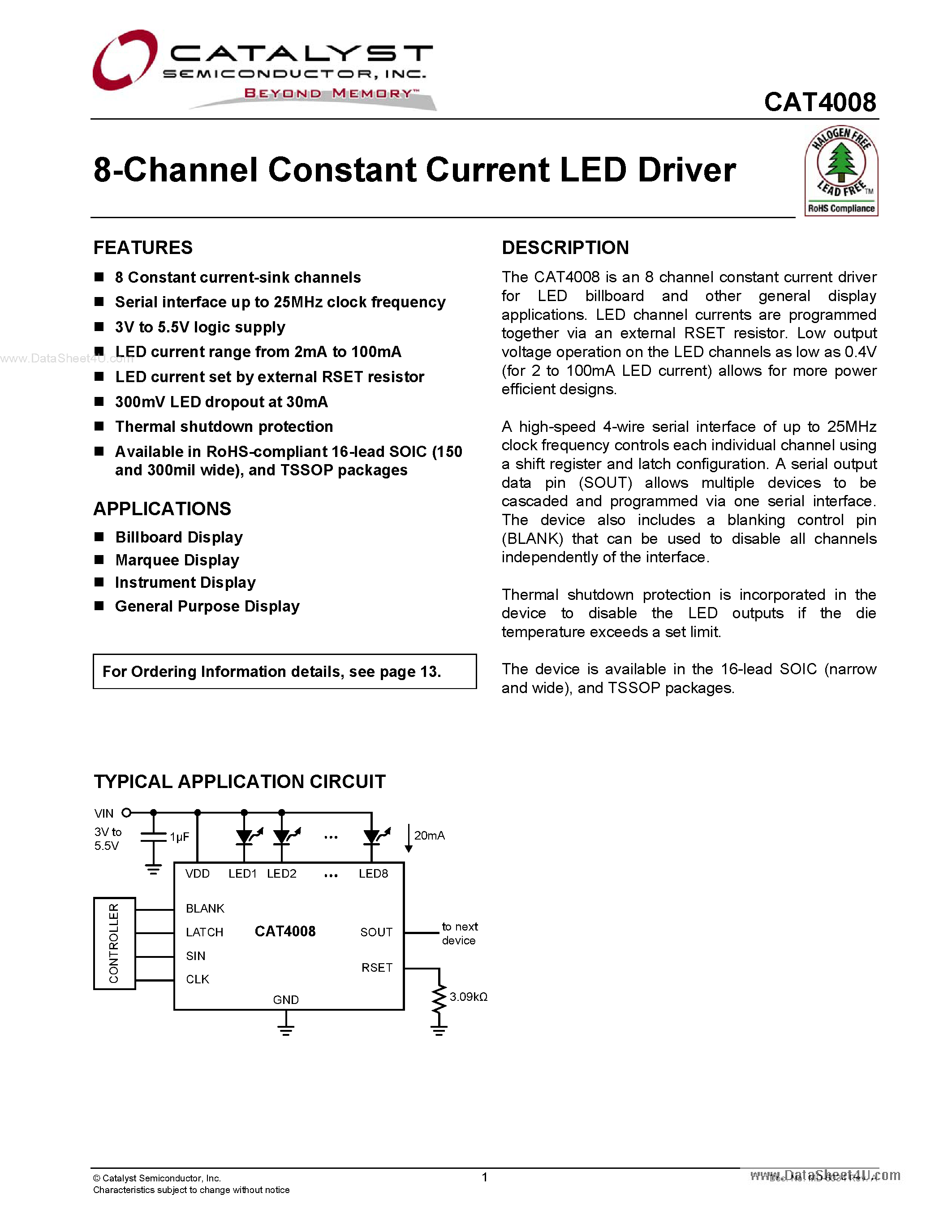 Даташит на микросхему CAT4008 страница 1 Даташит CAT4008 - 8-Channel Constant Current LED Driver страница 1