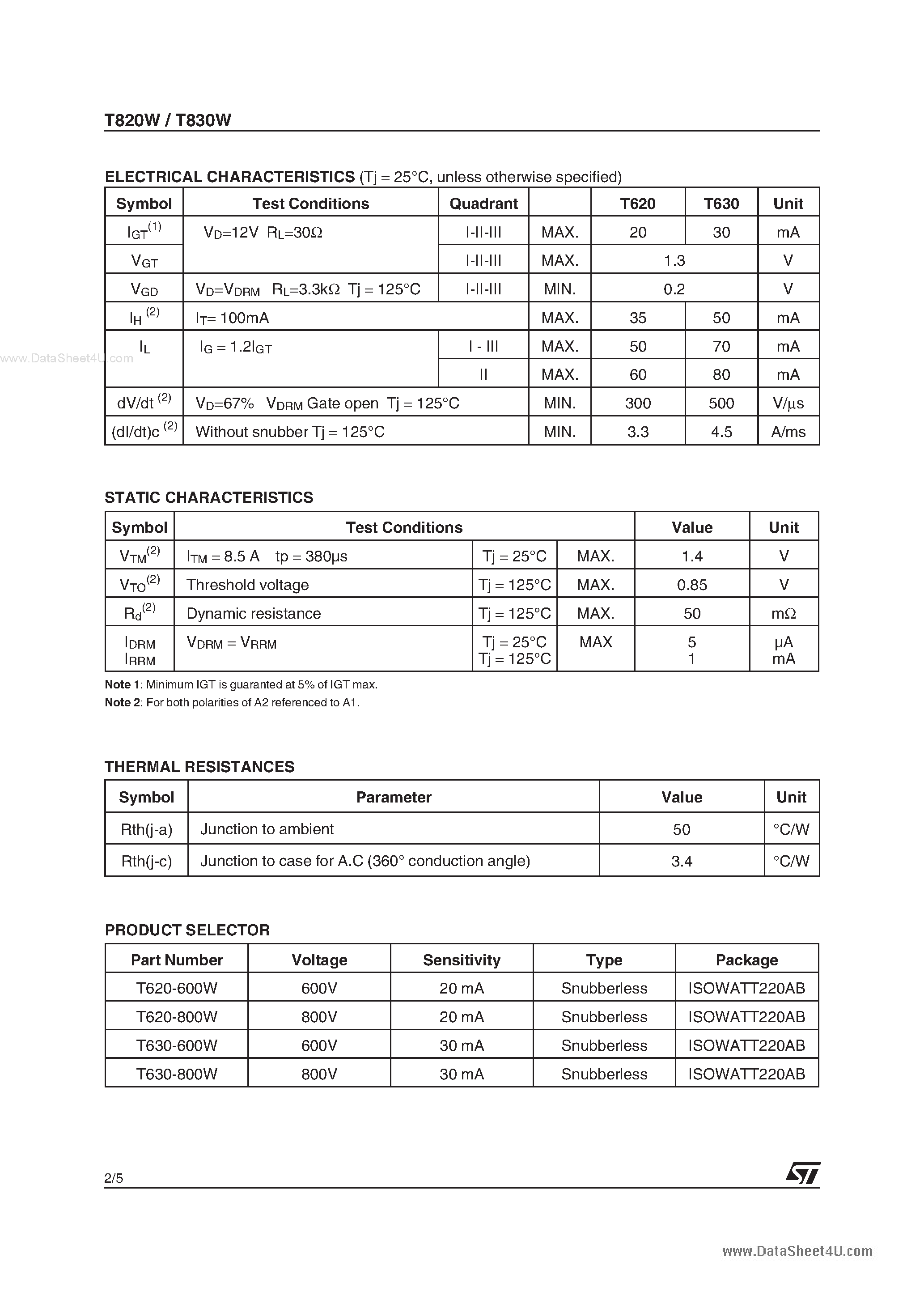 Datasheet T620W - 6A SNUBBERLESTM TRIAC page 2