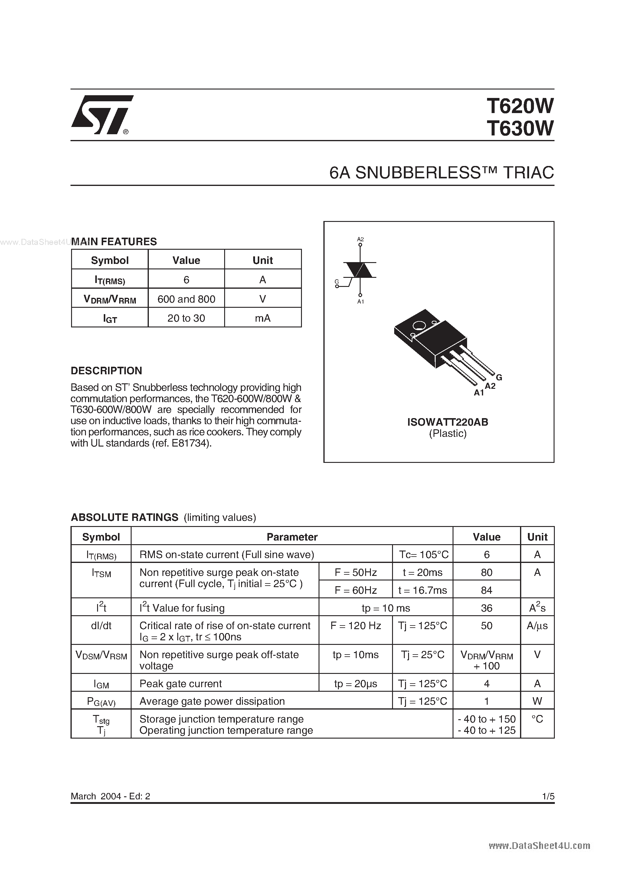 Datasheet T630W page 1 Datasheet T630W - 6A SNUBBERLESTM TRIAC page 1