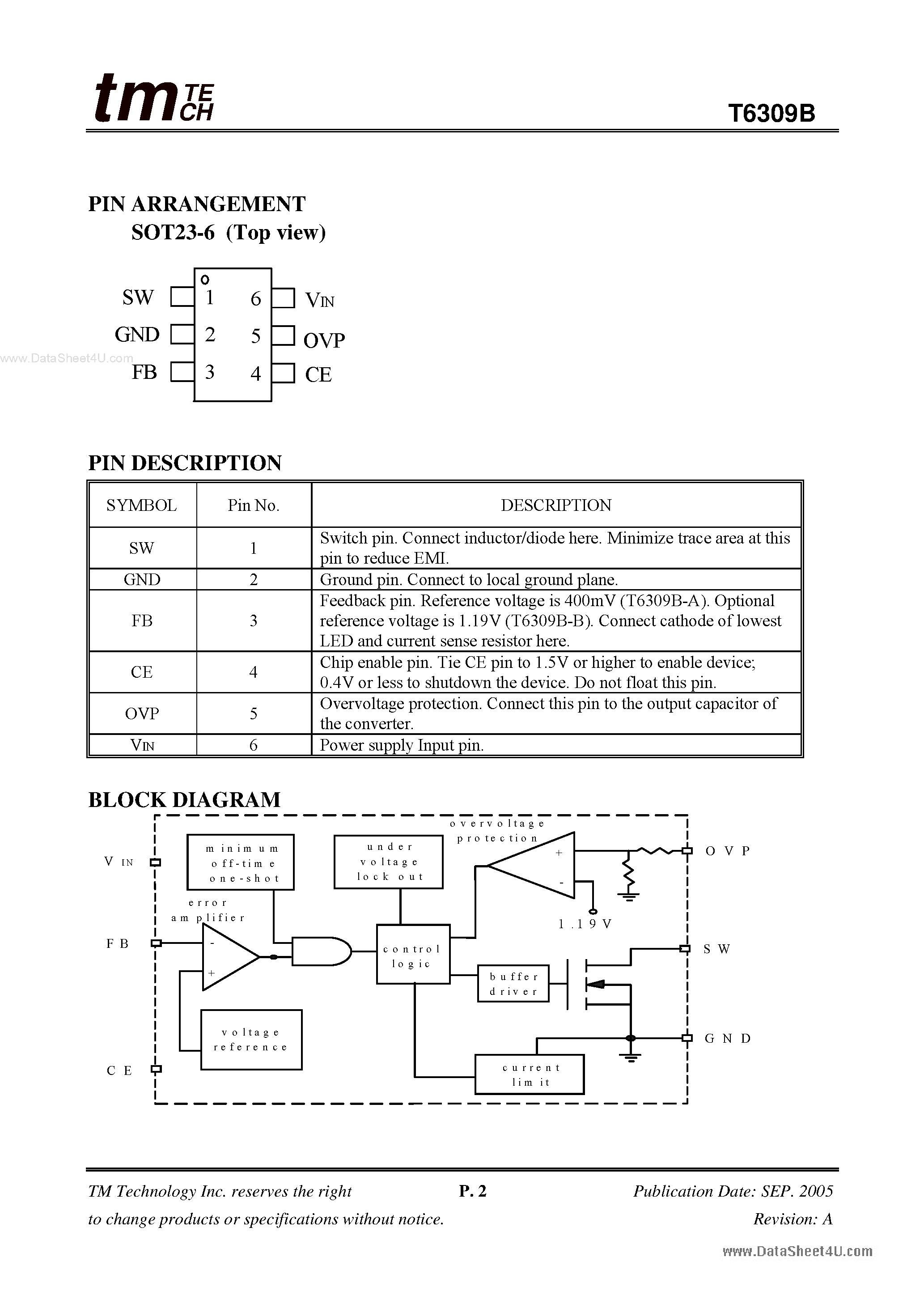 Datasheet T6309B - Micropower Step-up DC/DC Converter page 2