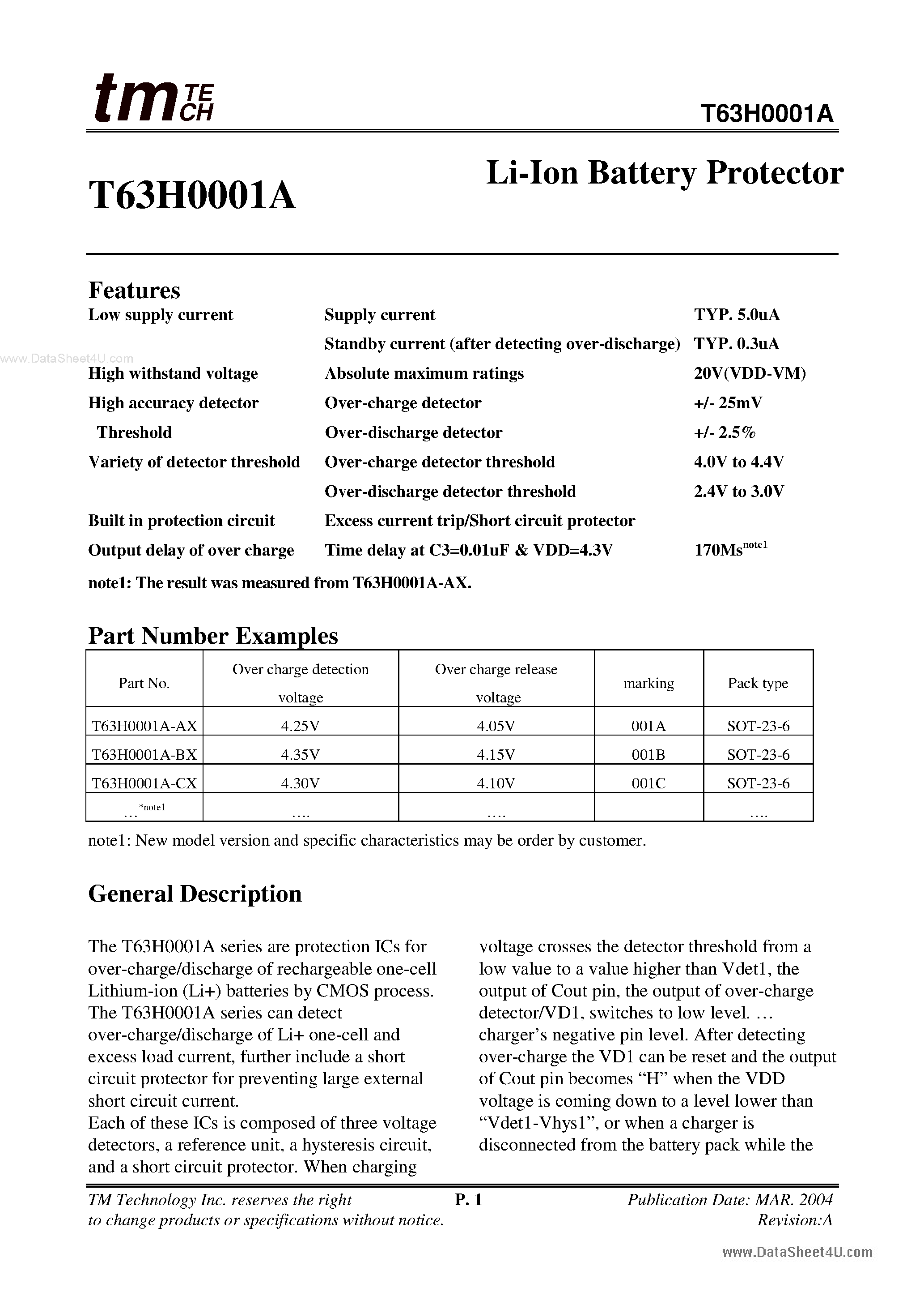 Datasheet T63H0001A - Li-Ion Battery Protector page 1