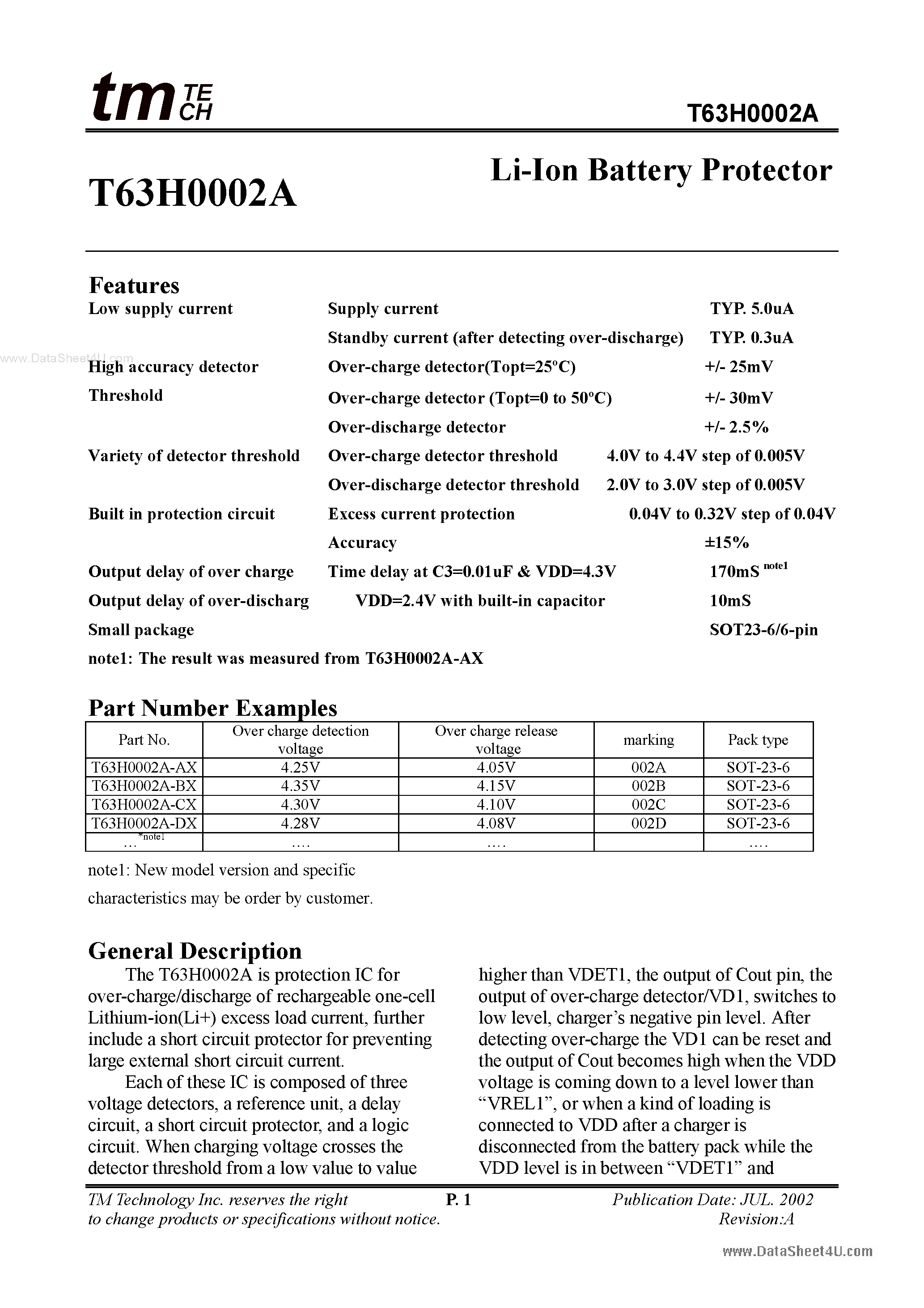 Datasheet T63H0002A - Li-Ion Battery Protector page 1