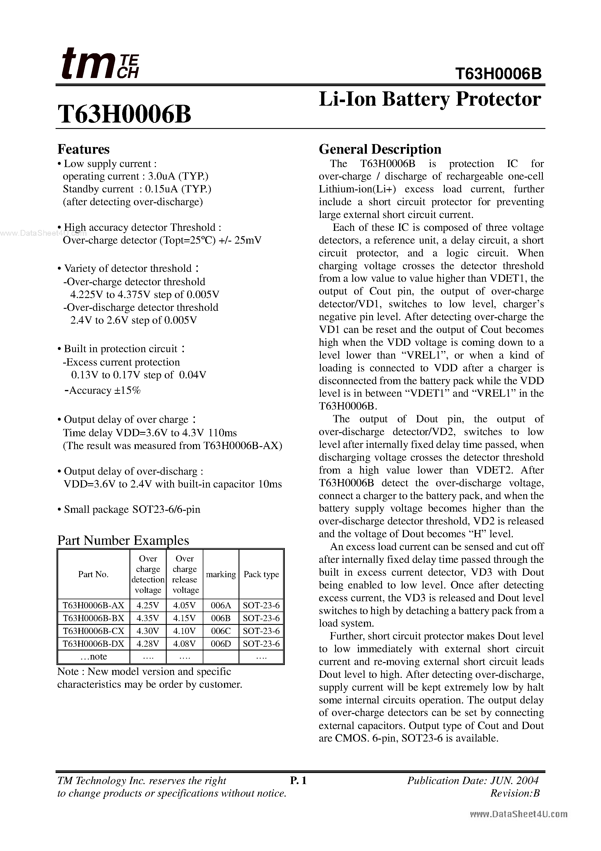 Datasheet T63H0006B - Li-Ion Battery Protector page 1