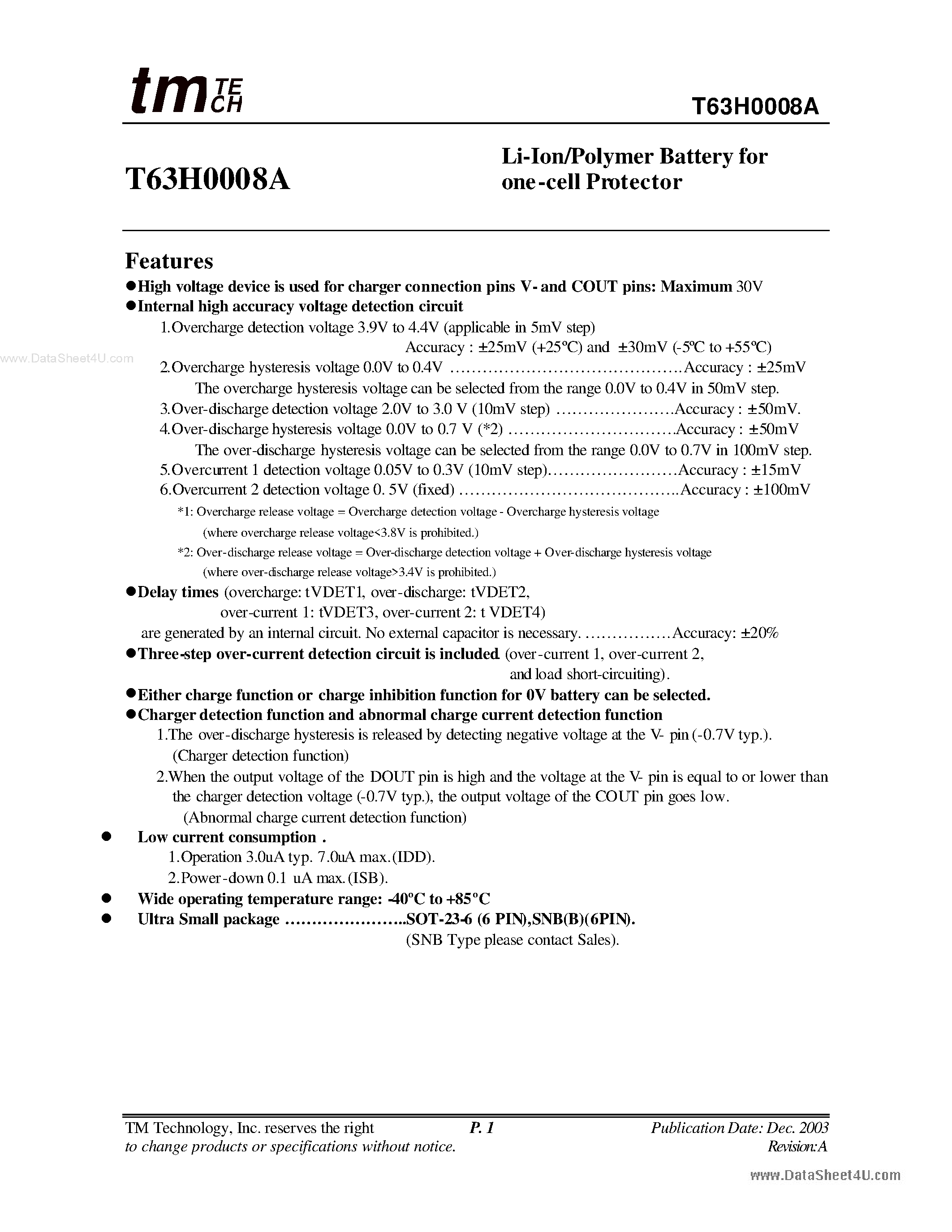 Datasheet T63H0008A - Li-Ion Battery Protector page 1