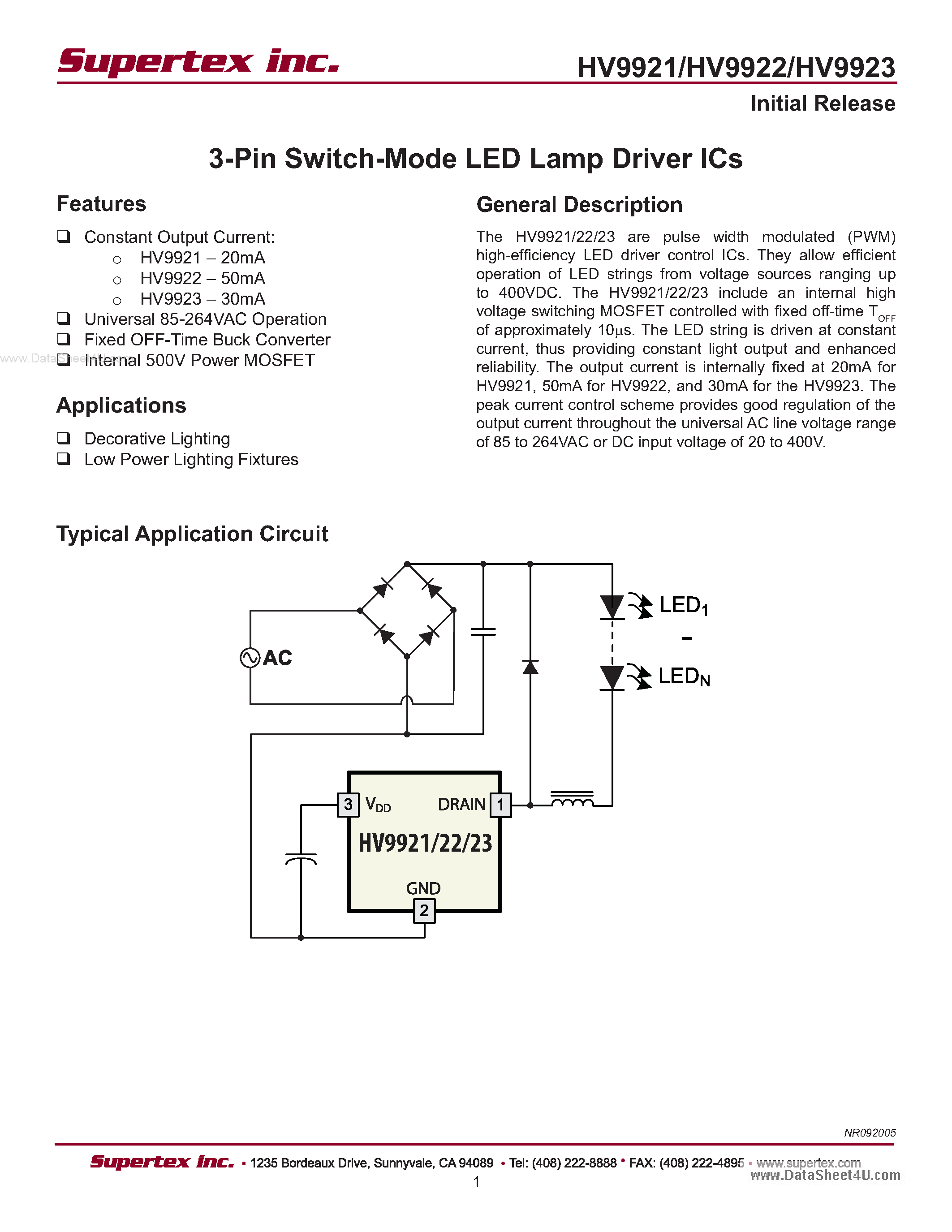 Даташит HV9921 - (HV9921 - HV9923) 3-Pin Switch-Mode LED Lamp Driver ICs страница 1