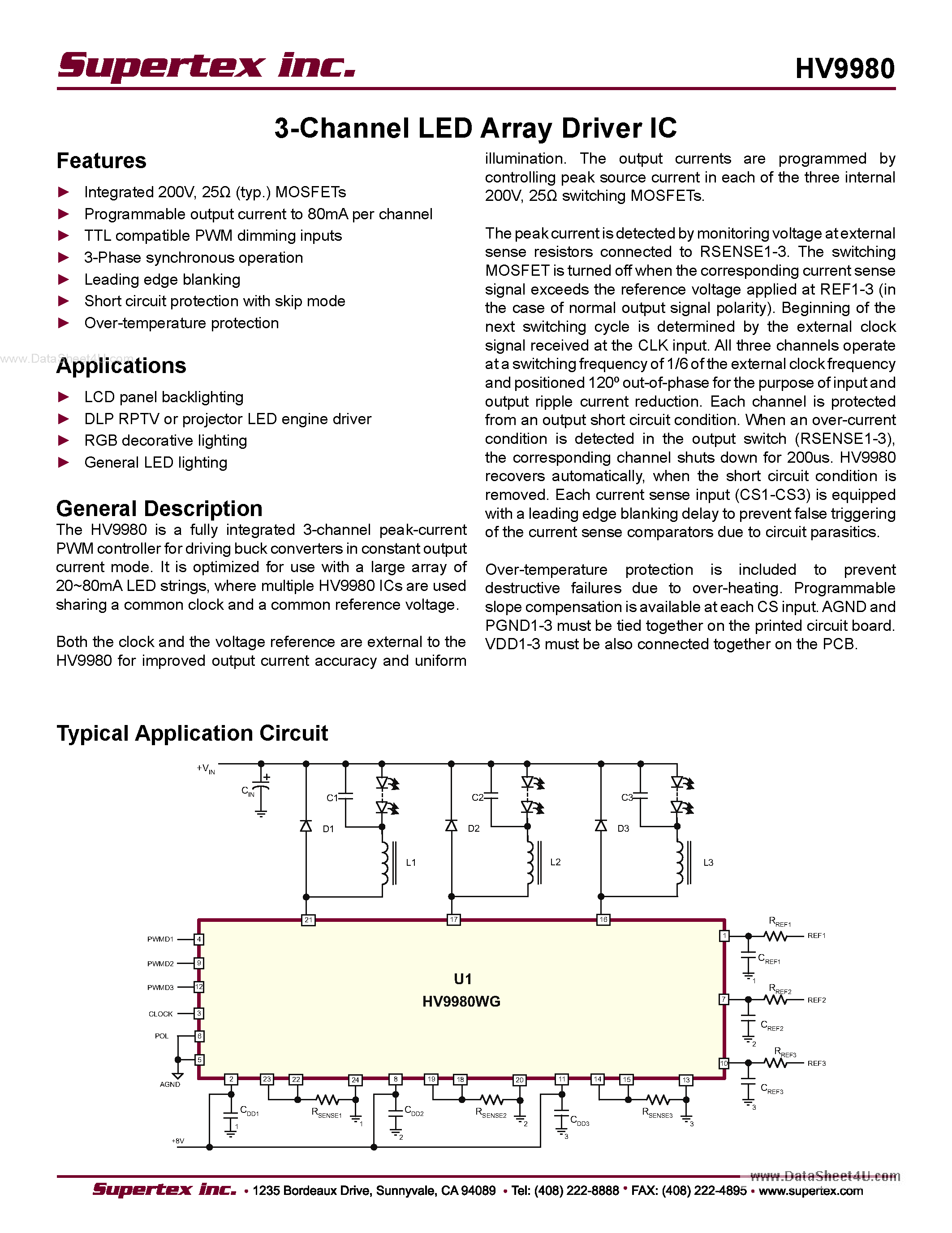 Даташит HV9980 - 3-Channel LED Array Driver IC страница 1