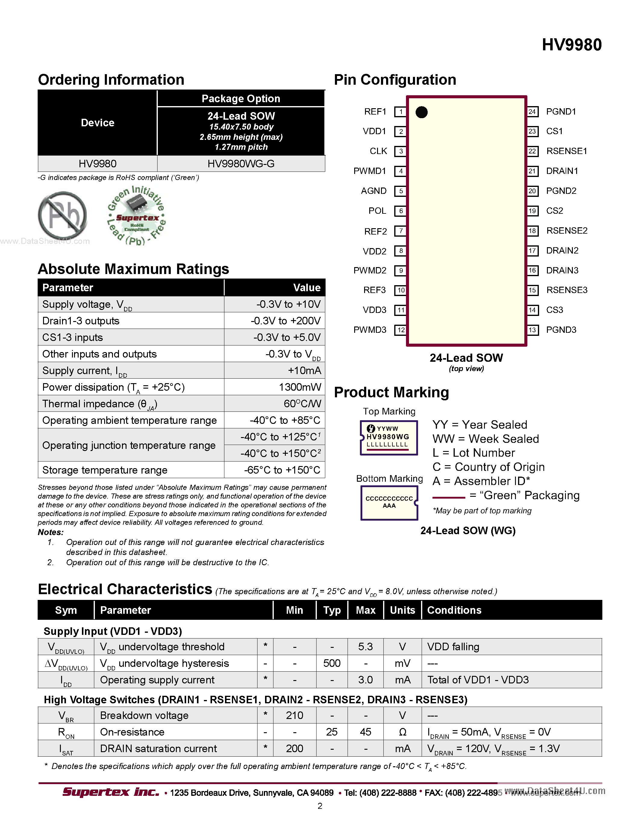 Даташит HV9980 - 3-Channel LED Array Driver IC страница 2