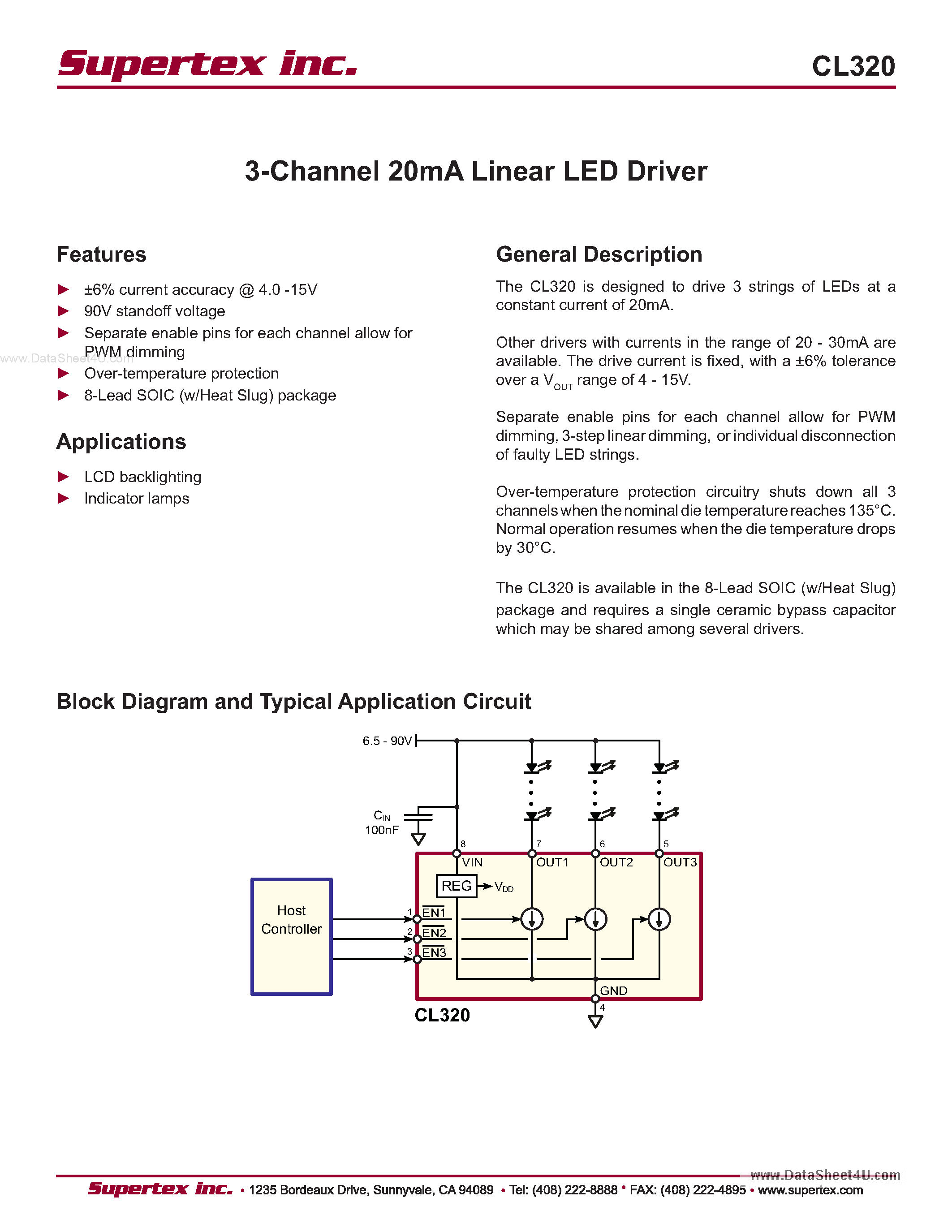 Datasheet CL320 - 3-Channel 20mA Linear LED Driver page 1