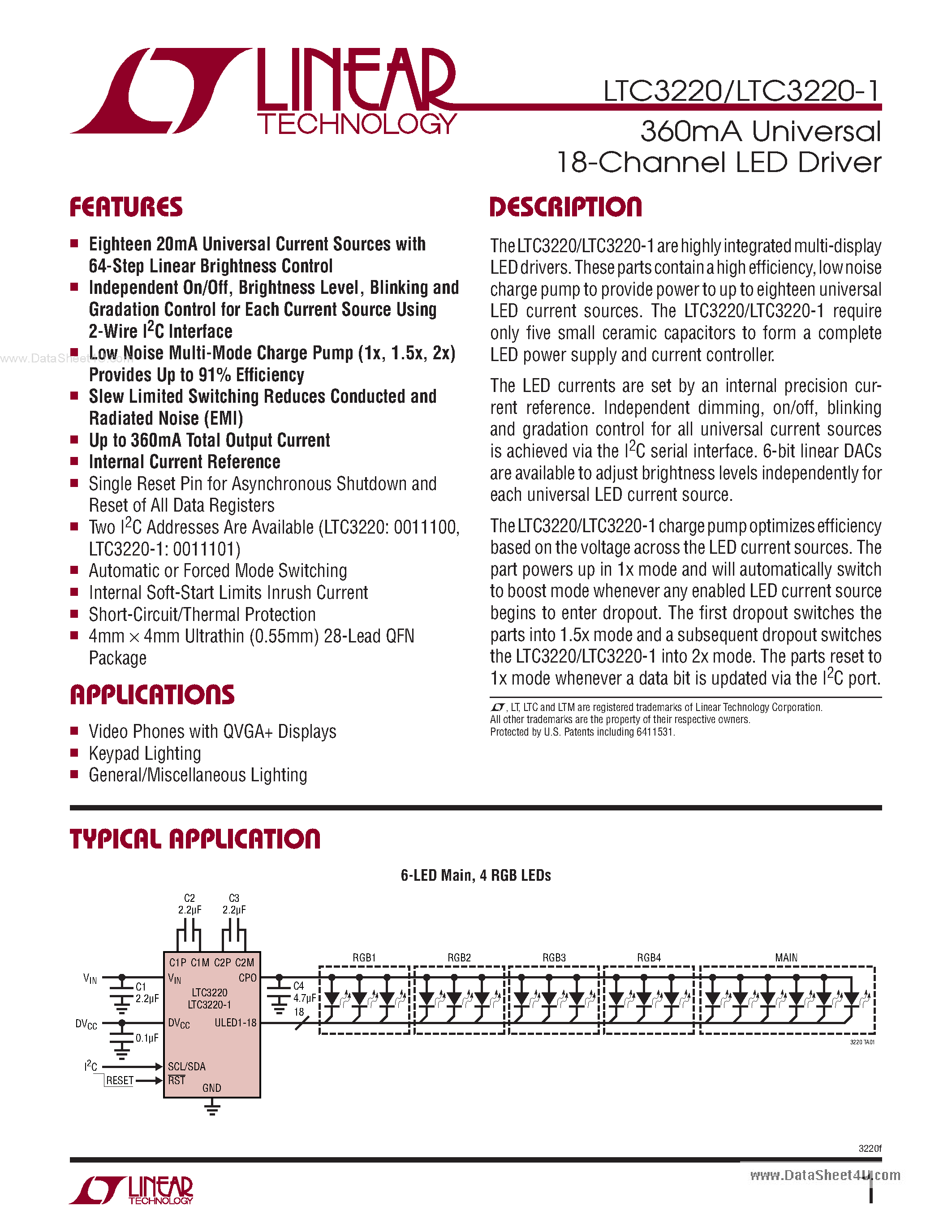 Даташит на микросхему LTC3220 страница 1 Даташит LTC3220 - 360mA Universal 18-Channel LED Driver страница 1