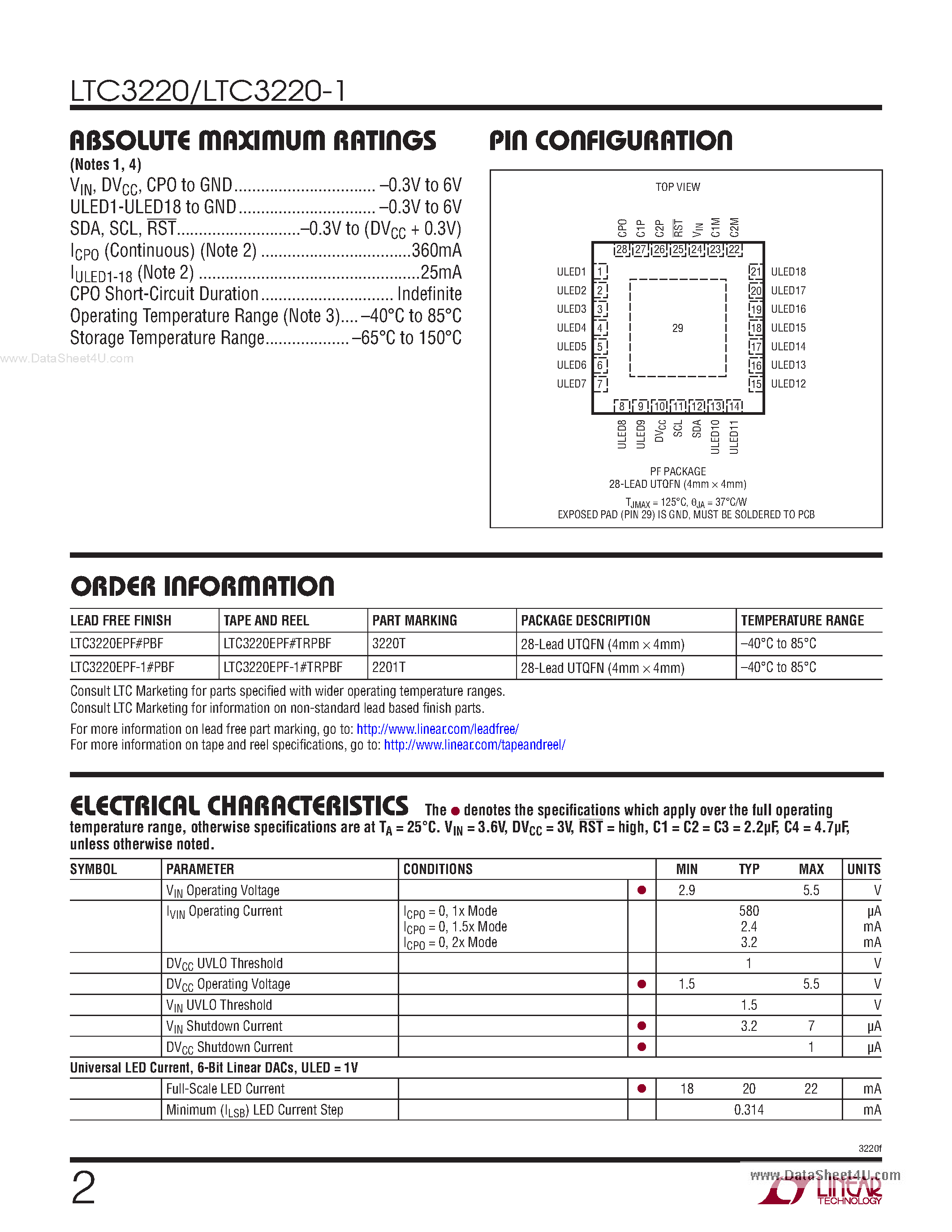 Даташит на микросхему LTC3220 страница 2 Даташит LTC3220 - 360mA Universal 18-Channel LED Driver страница 2