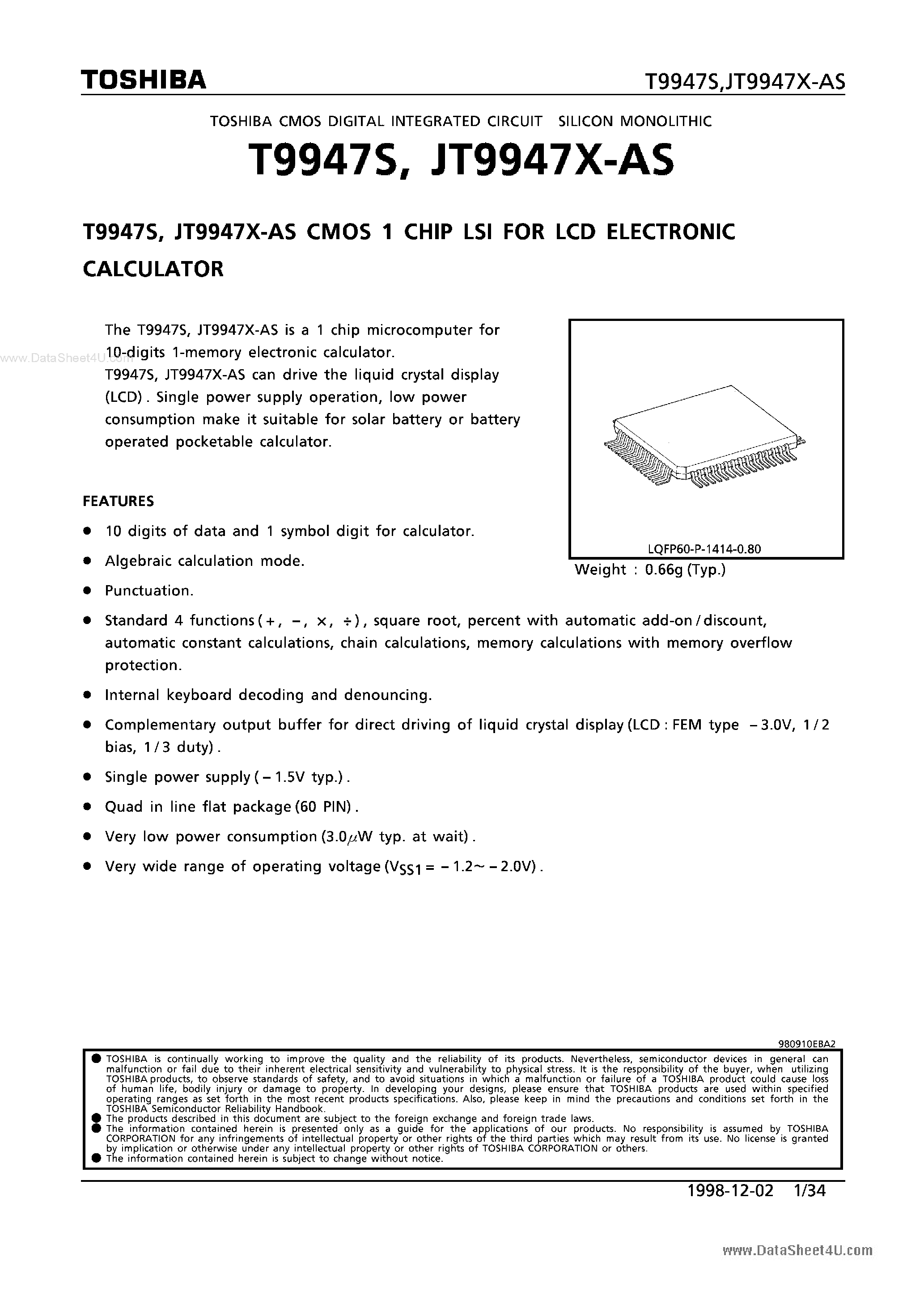 Datasheet T9947S - CMOS 1 CHIP LSI FOR LCD ELECTRONIC CALCULATOR page 1