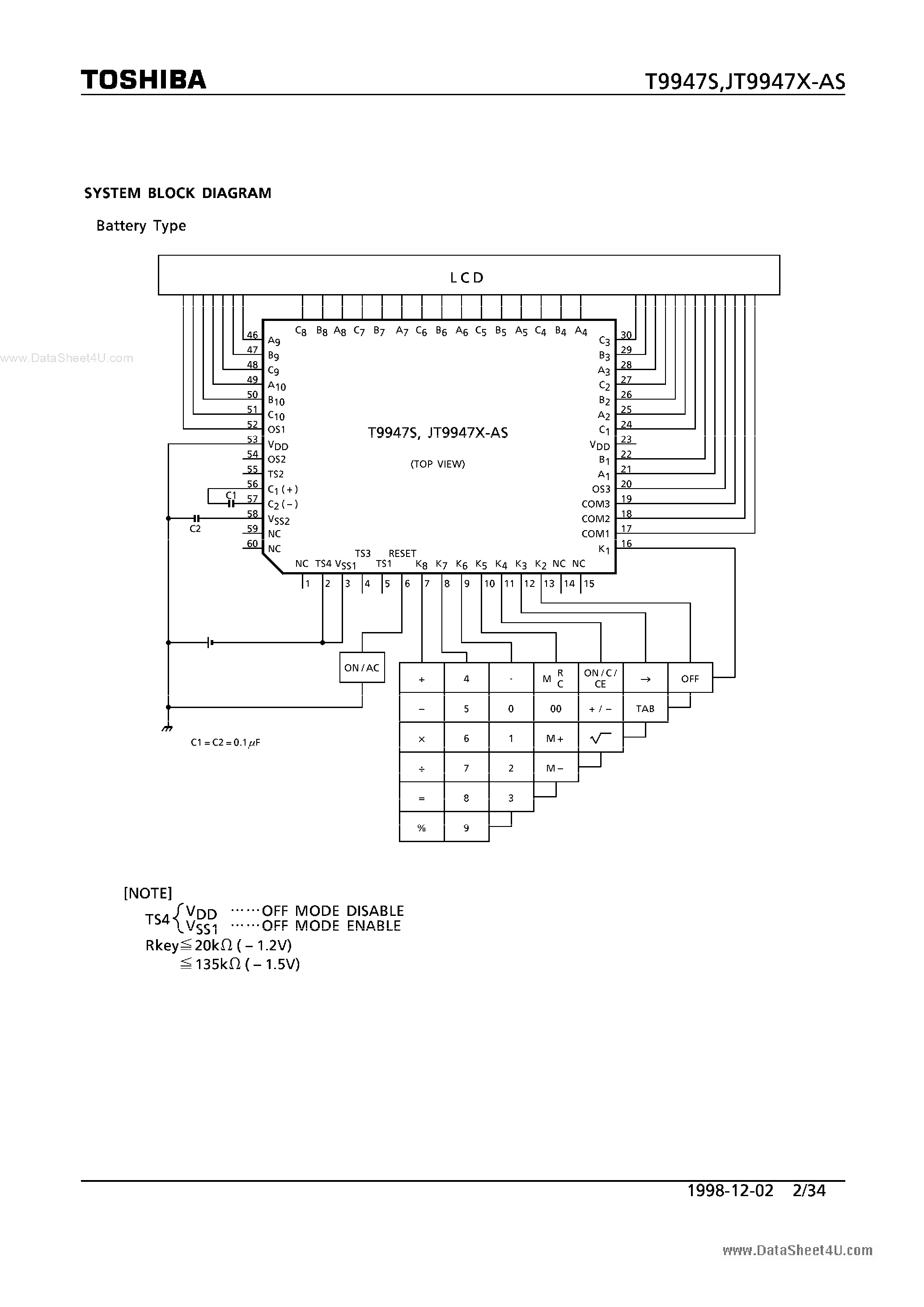 Datasheet T9947S - CMOS 1 CHIP LSI FOR LCD ELECTRONIC CALCULATOR page 2