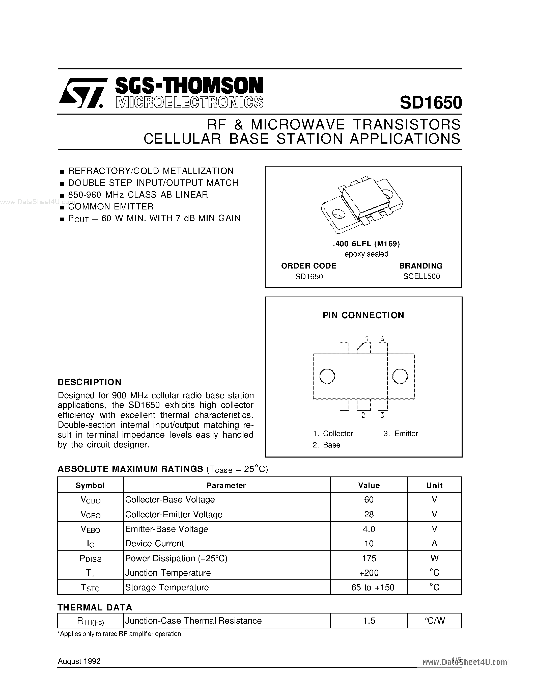 Datasheet SD1650 - RF & MICROWAVE TRANSISTORS CELLULAR BASE STATION APPLICATIONS page 1