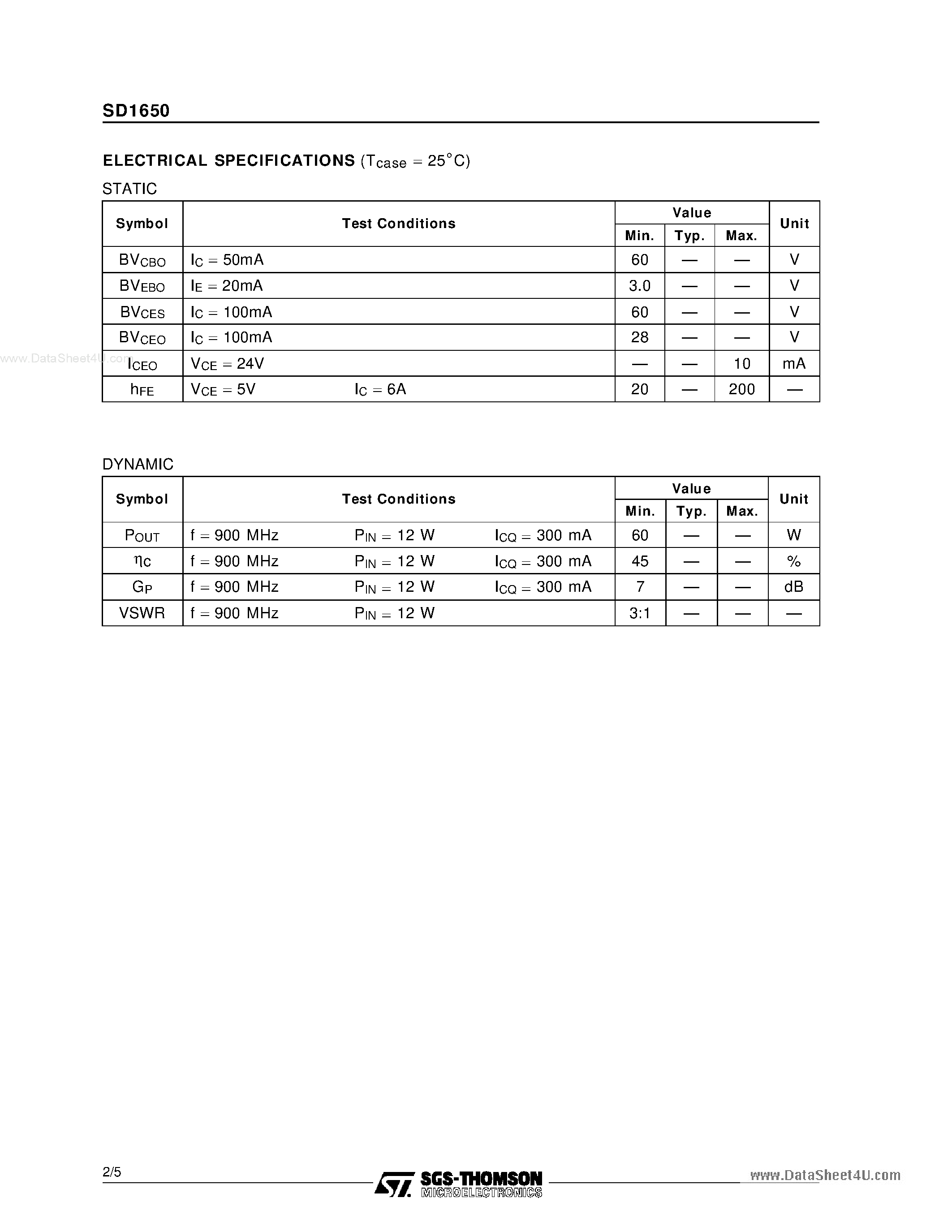 Datasheet SD1650 - RF & MICROWAVE TRANSISTORS CELLULAR BASE STATION APPLICATIONS page 2