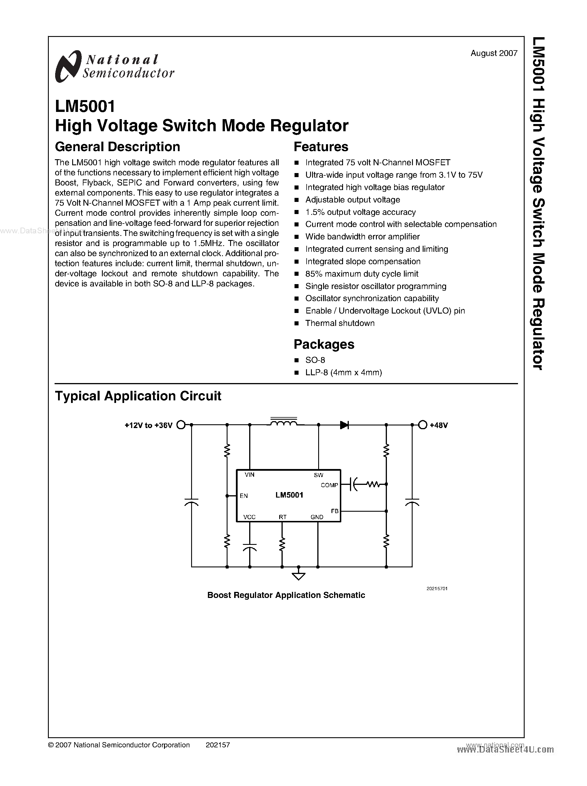 Datasheet LM5001 - High Voltage Switch Mode Regulator page 1