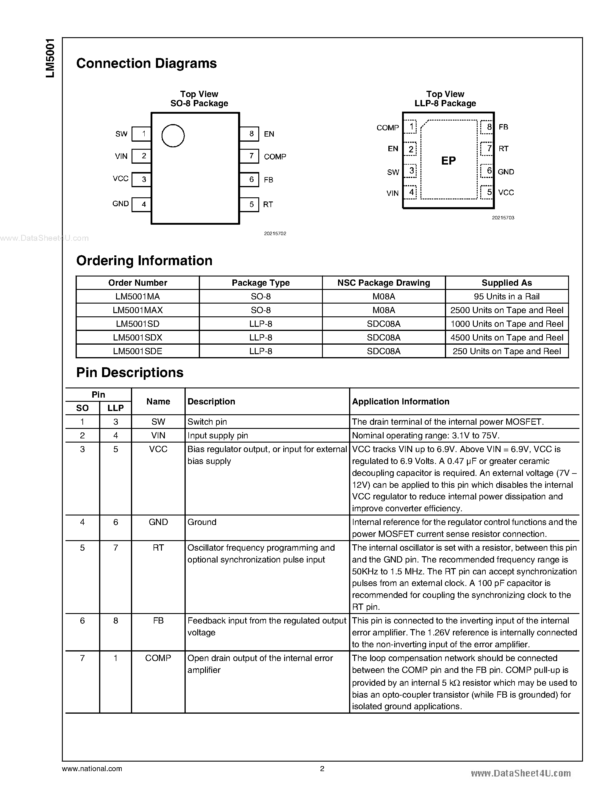 Даташит на микросхему LM5001 страница 2 Даташит LM5001 - High Voltage Switch Mode Regulator страница 2