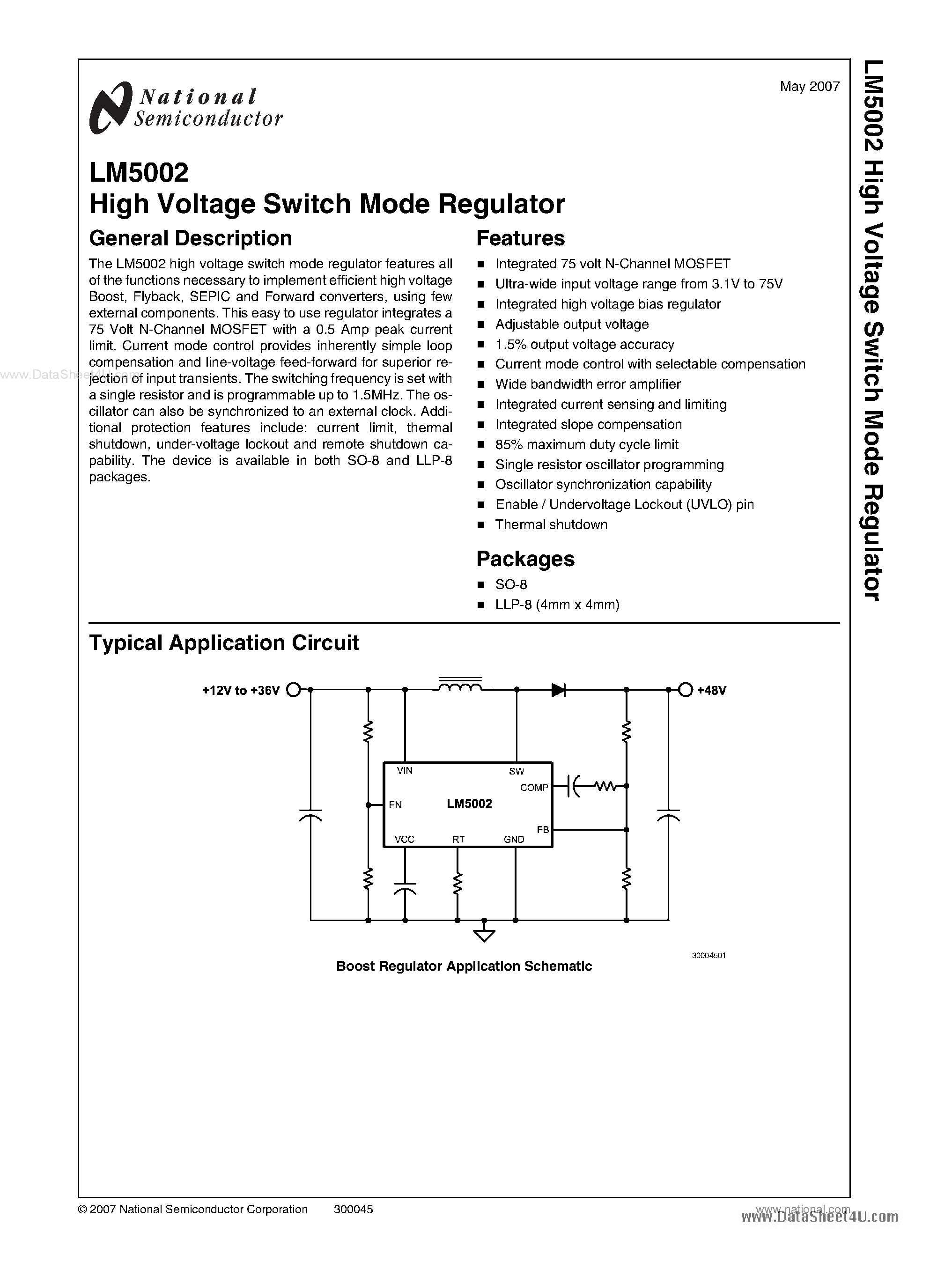 Даташит на микросхему LM5002 страница 1 Даташит LM5002 - High Voltage Switch Mode Regulator страница 1