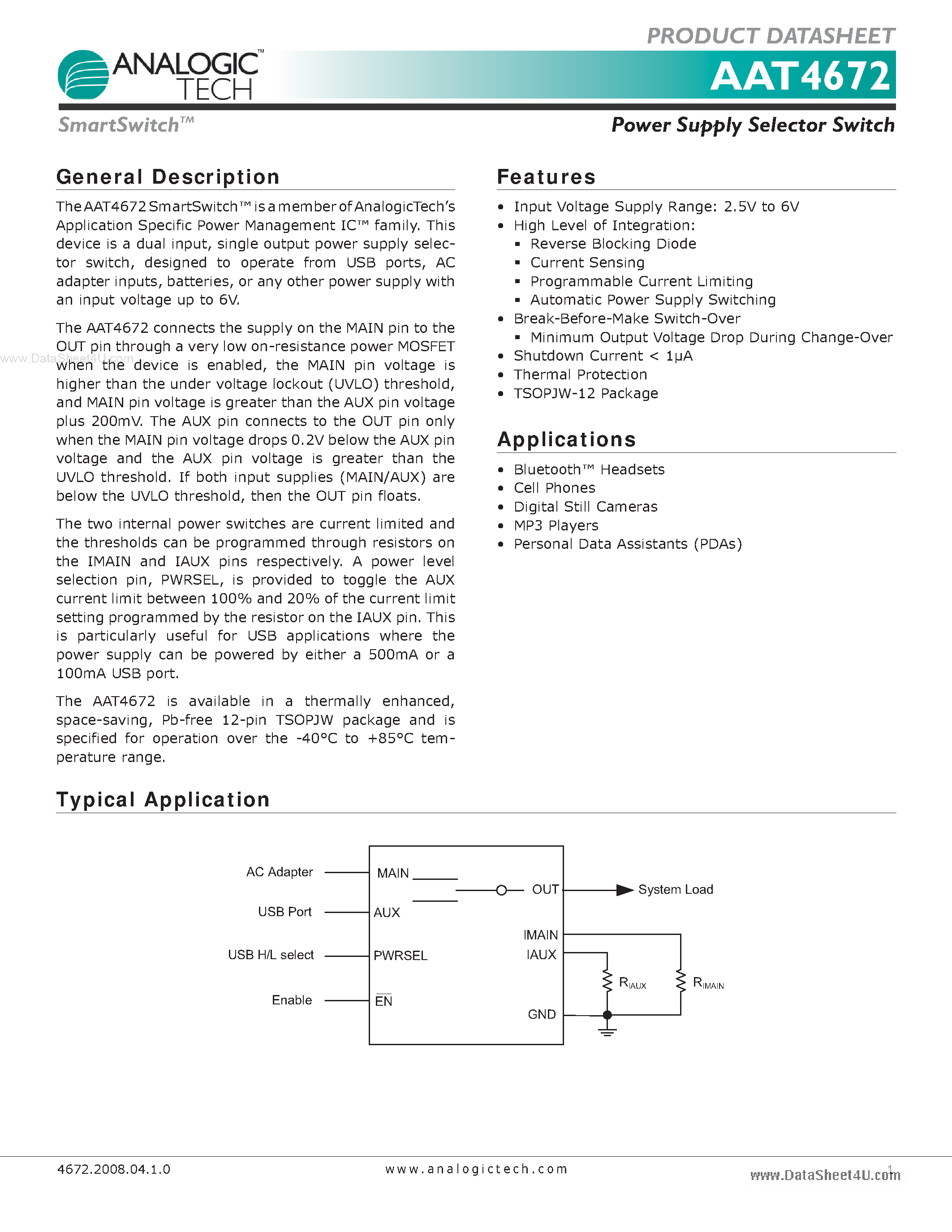 Даташит AAT4672 - Power Supply Selector Switch страница 1