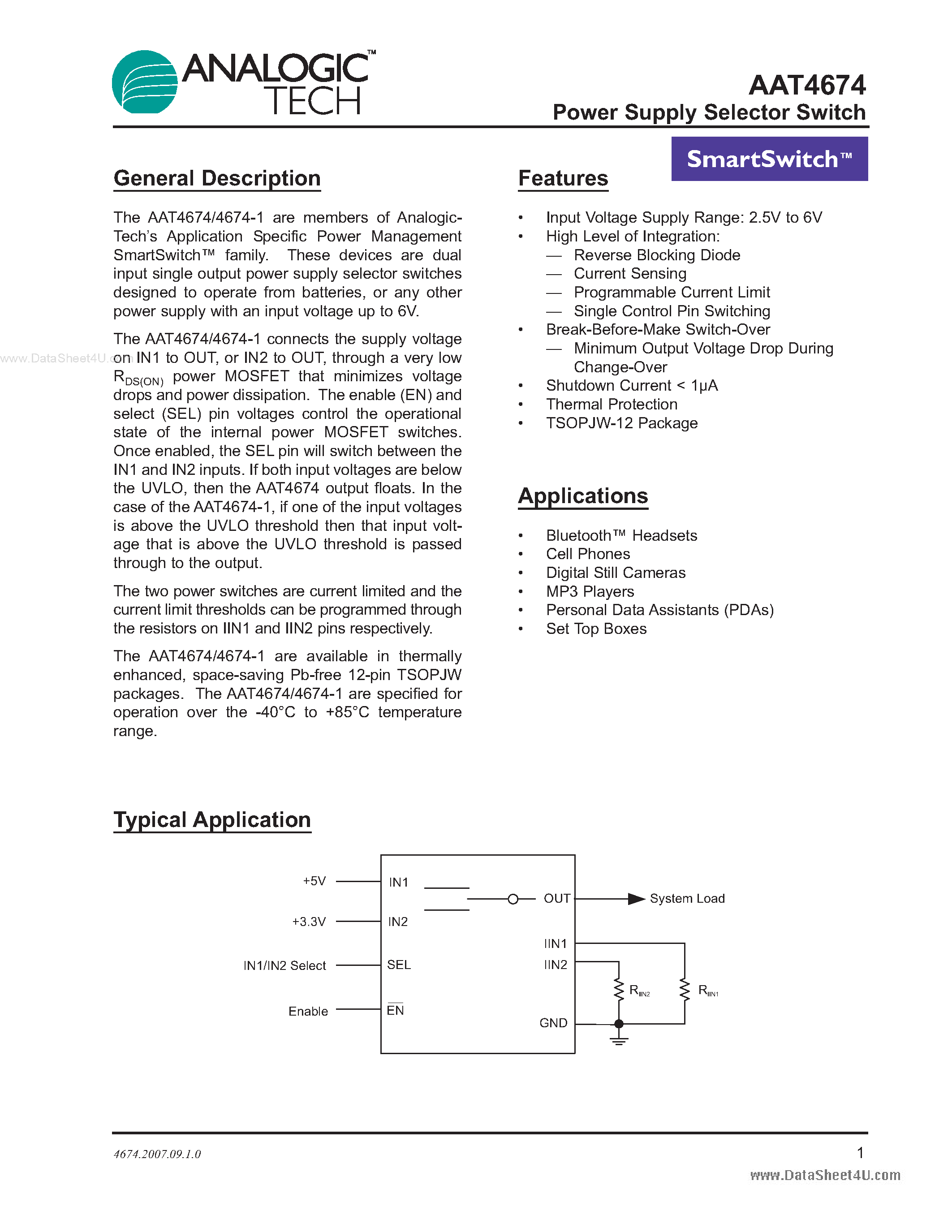 Datasheet AAT4674 - Power Supply Selector Switch page 1
