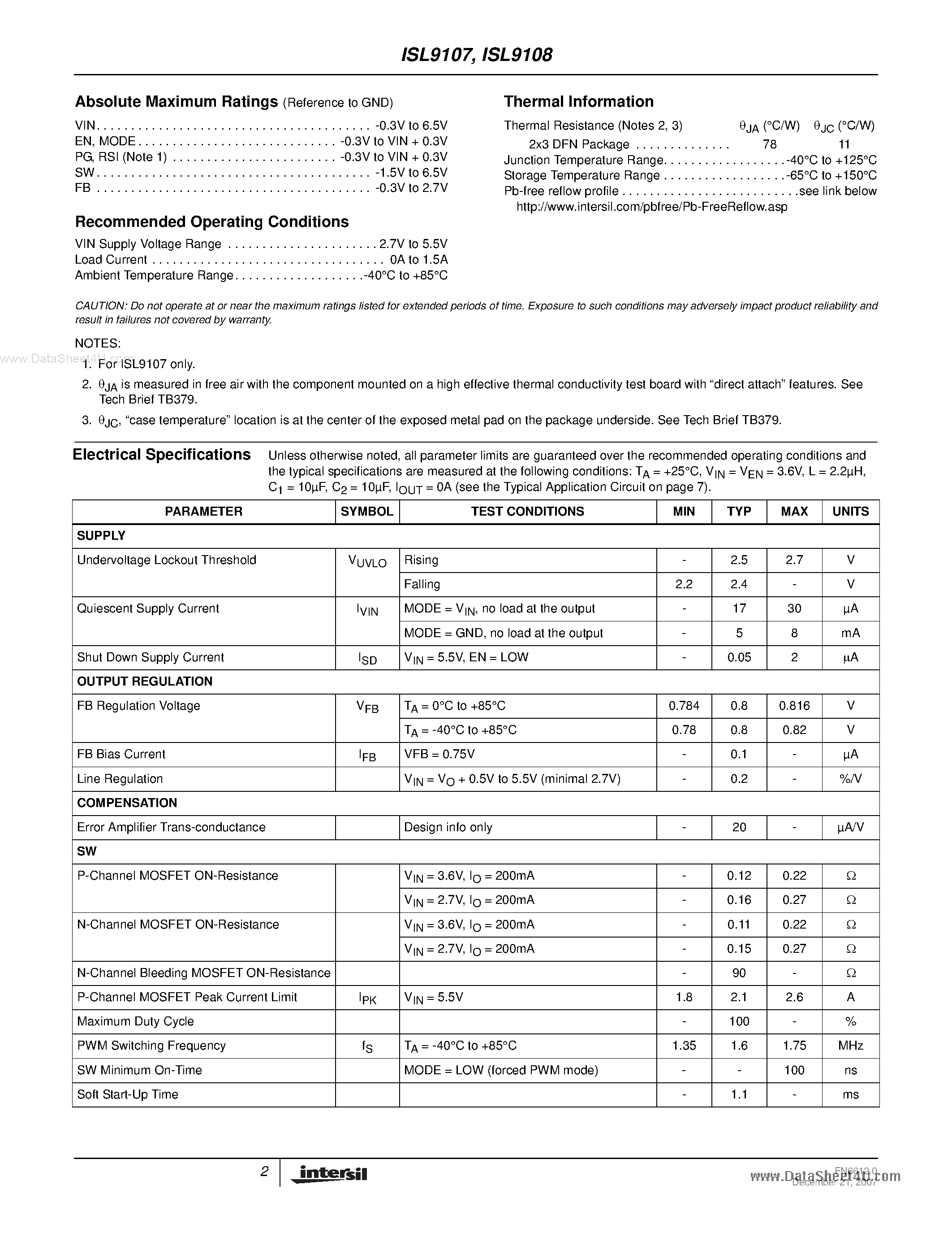 Даташит ISL9107 - (ISL9107 / ISL9108) 1.5A 1.6MHz Low Quiescent Current High Efficiency Synchronous Buck Regulator страница 2
