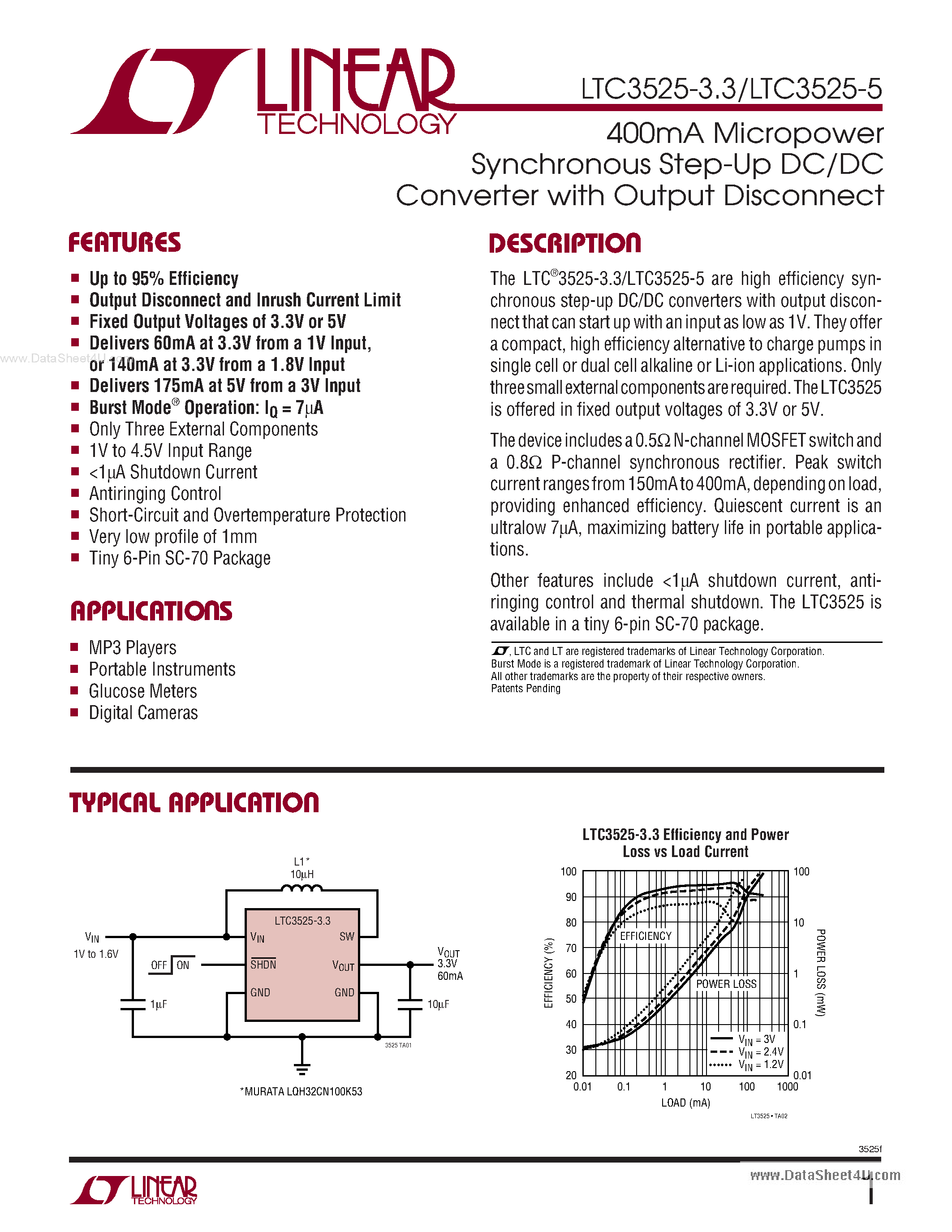 Datasheet LTC3525-3.3 - 400mA Micropower Synchronous Step-Up DC/DC Converter page 1