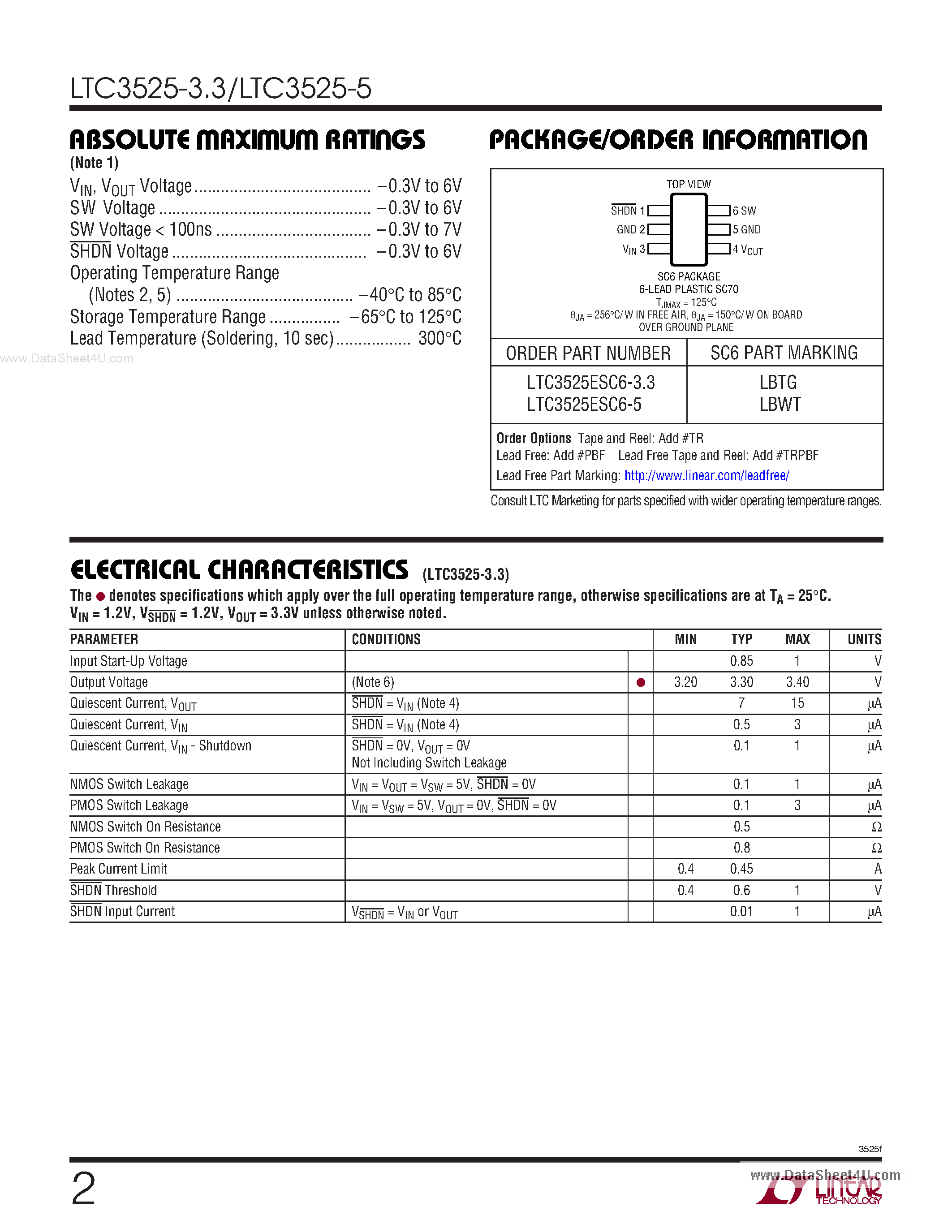 Datasheet LTC3525-3.3 - 400mA Micropower Synchronous Step-Up DC/DC Converter page 2