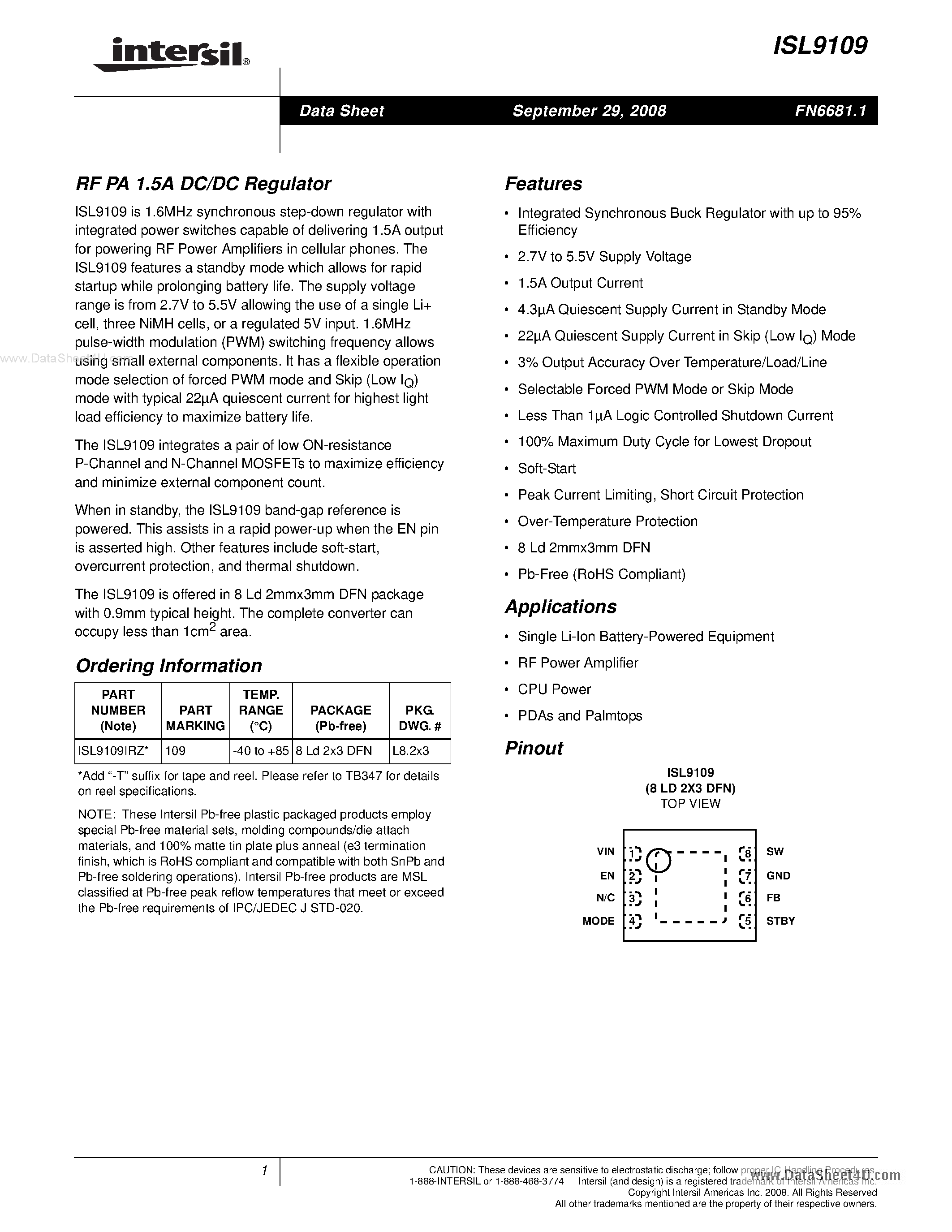 Datasheet ISL9109 page 1 Datasheet ISL9109 - RF PA 1.5A DC/DC Regulator page 1