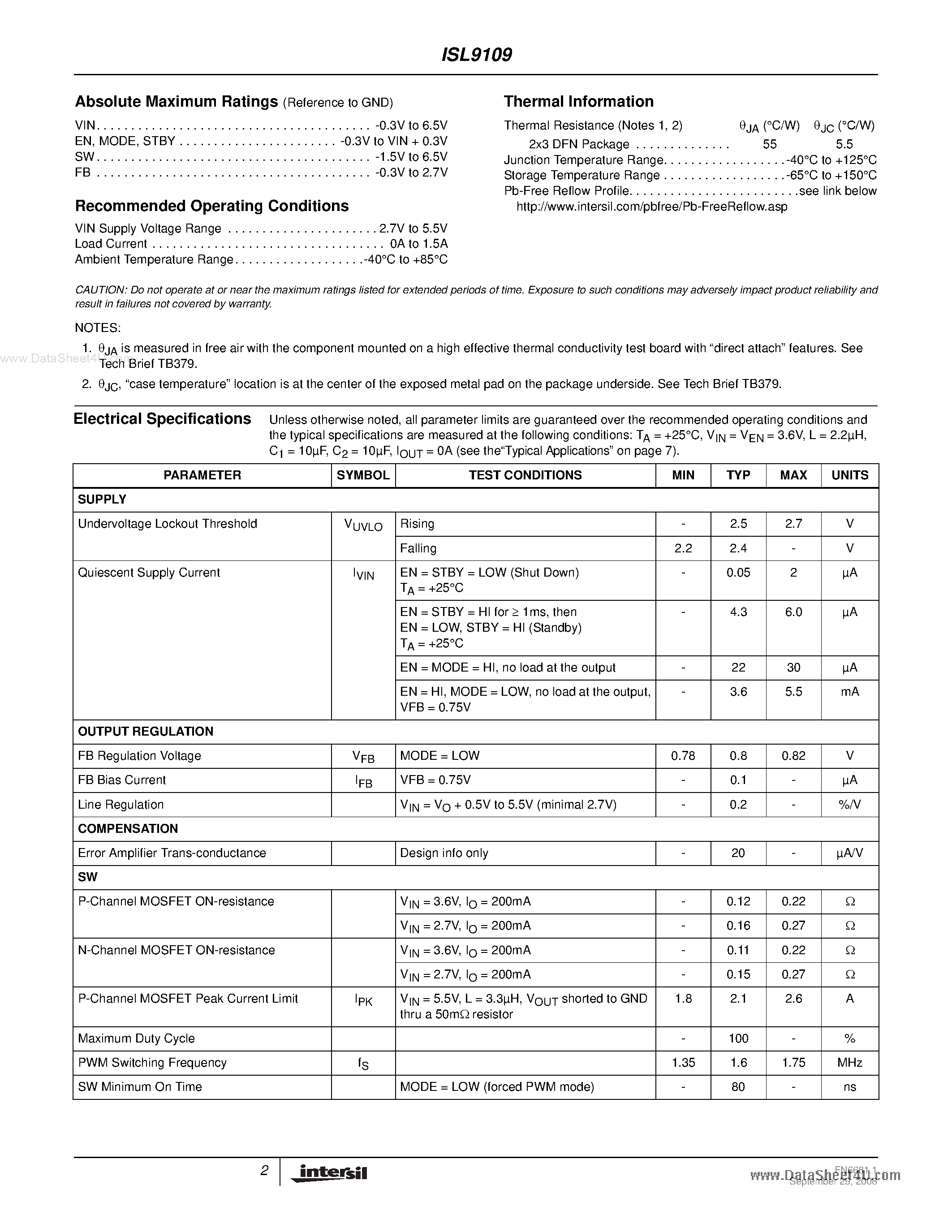 Datasheet ISL9109 page 2 Datasheet ISL9109 - RF PA 1.5A DC/DC Regulator page 2