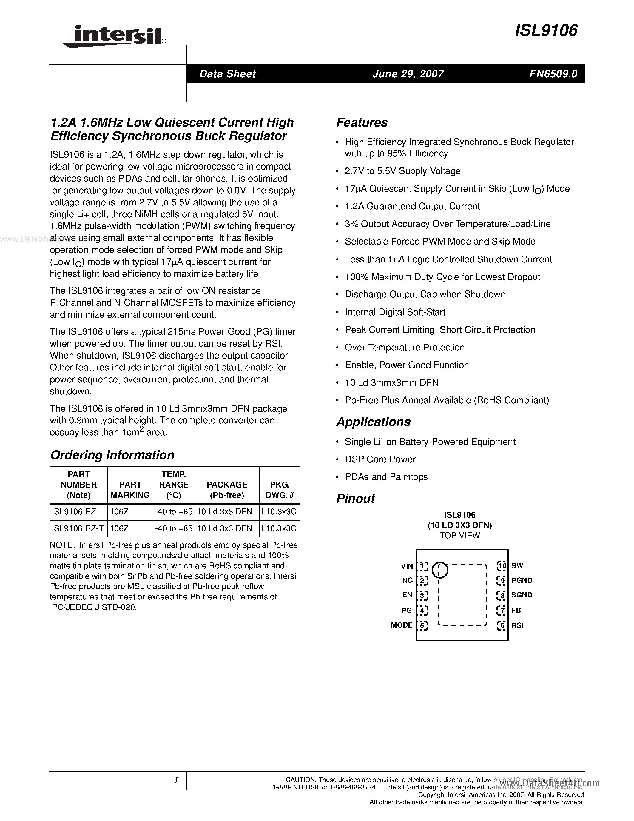 Datasheet ISL9106 page 1 Datasheet ISL9106 - 1.2A 1.6MHz Low Quiescent Current High Efficiency Synchronous Buck Regulator page 1