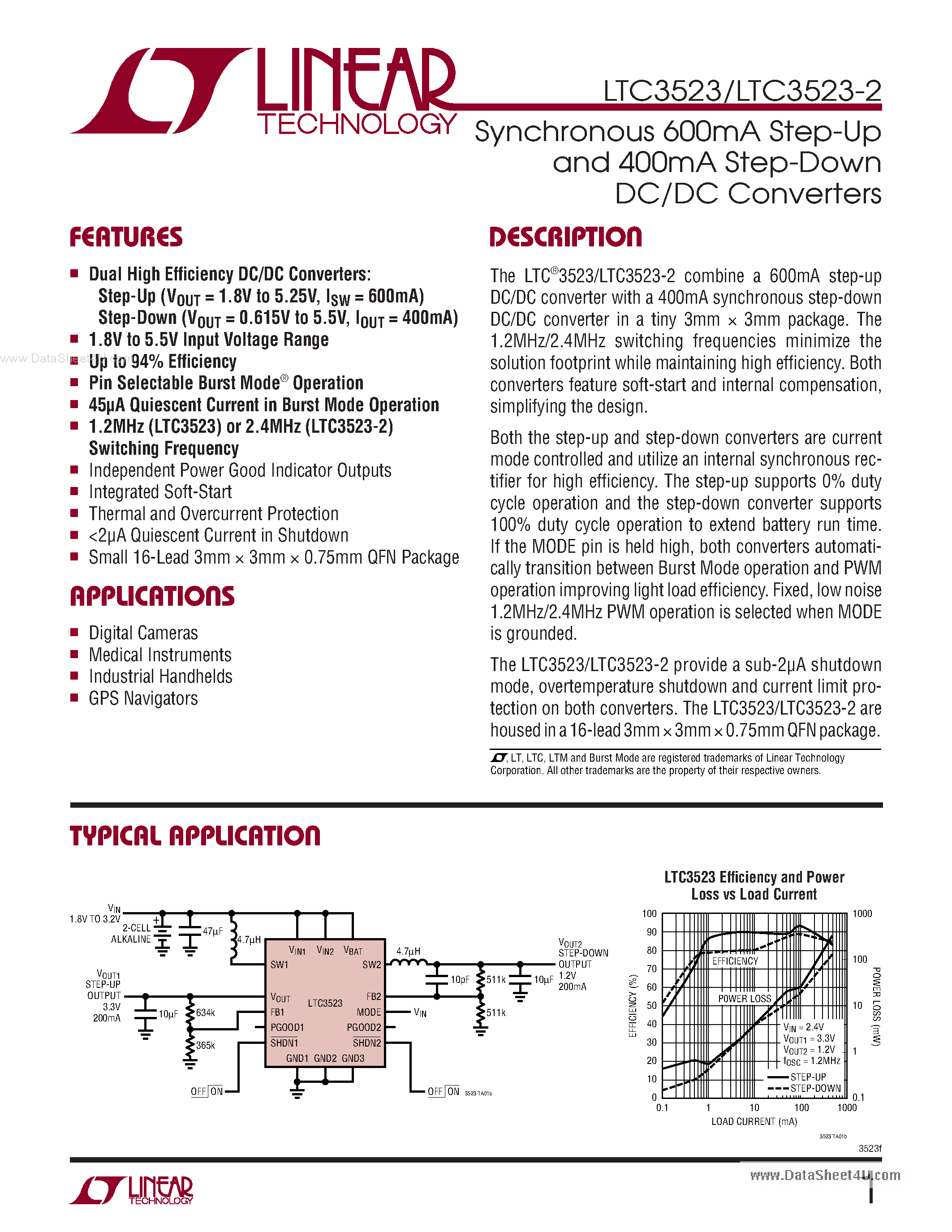 Даташит LTC3523 - Synchronous 600mA Step-Up And 400mA Step-Down DC/DC Converters страница 1