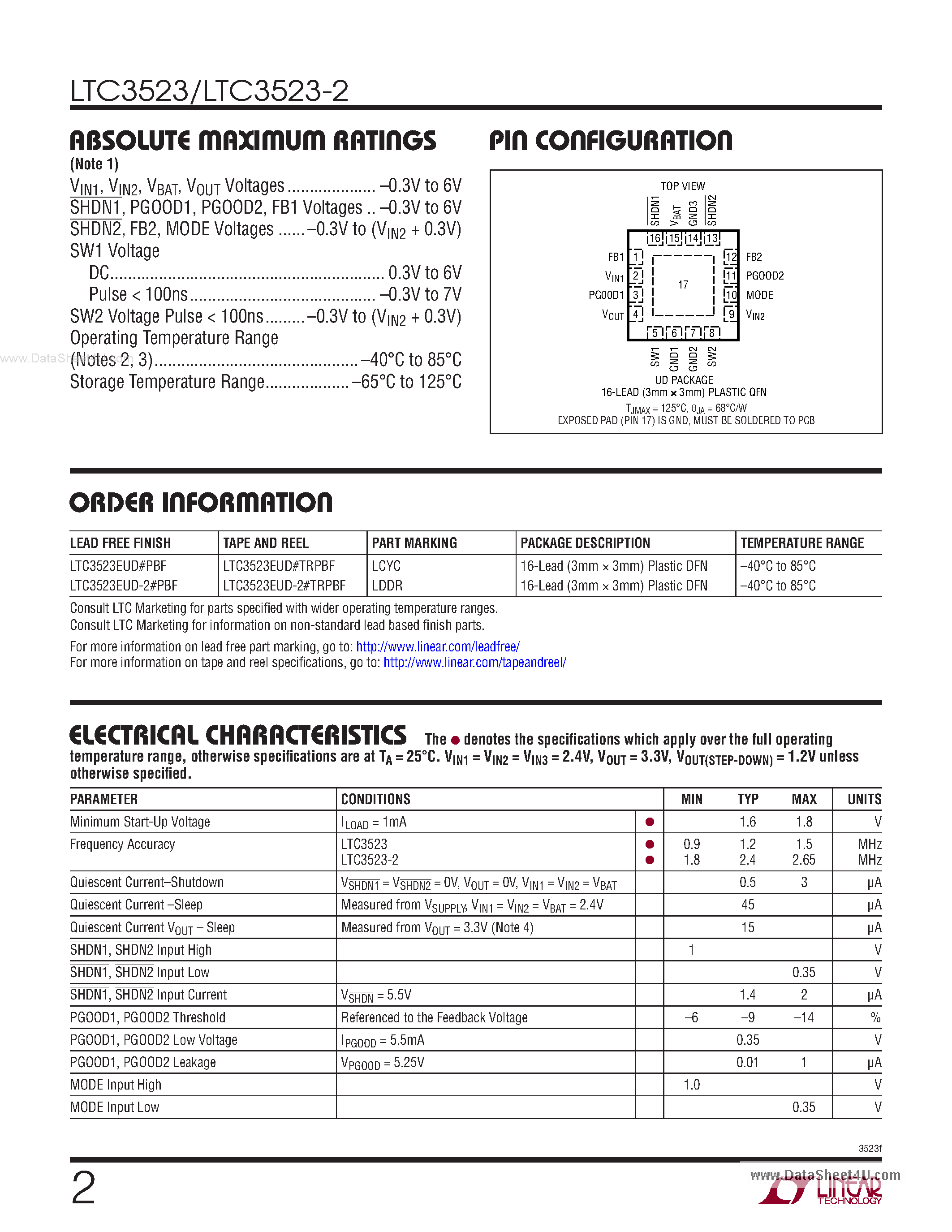 Даташит LTC3523 - Synchronous 600mA Step-Up And 400mA Step-Down DC/DC Converters страница 2