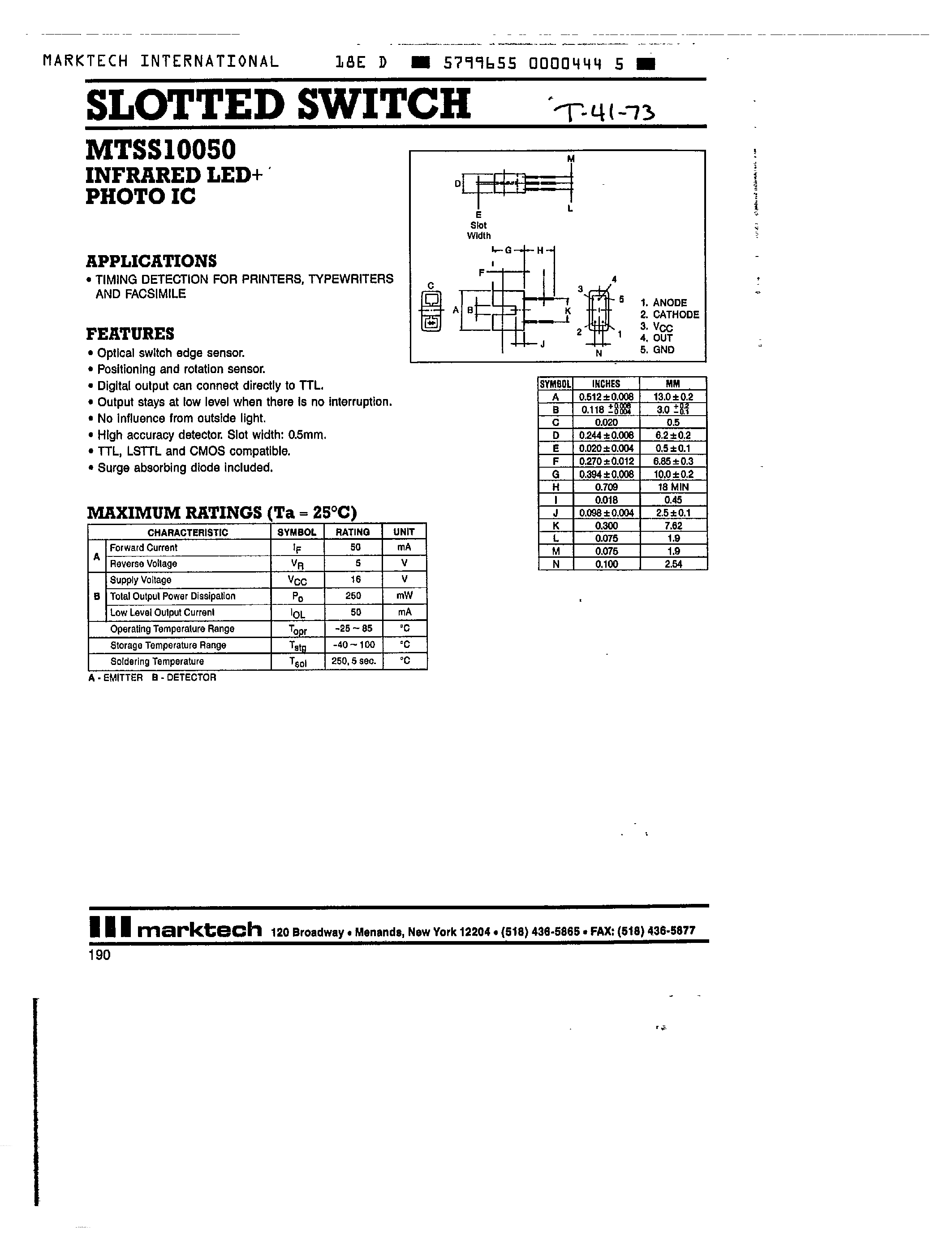 Datasheet MTSS10050 page 1 Datasheet MTSS10050 - SLOTTED SWITCH page 1
