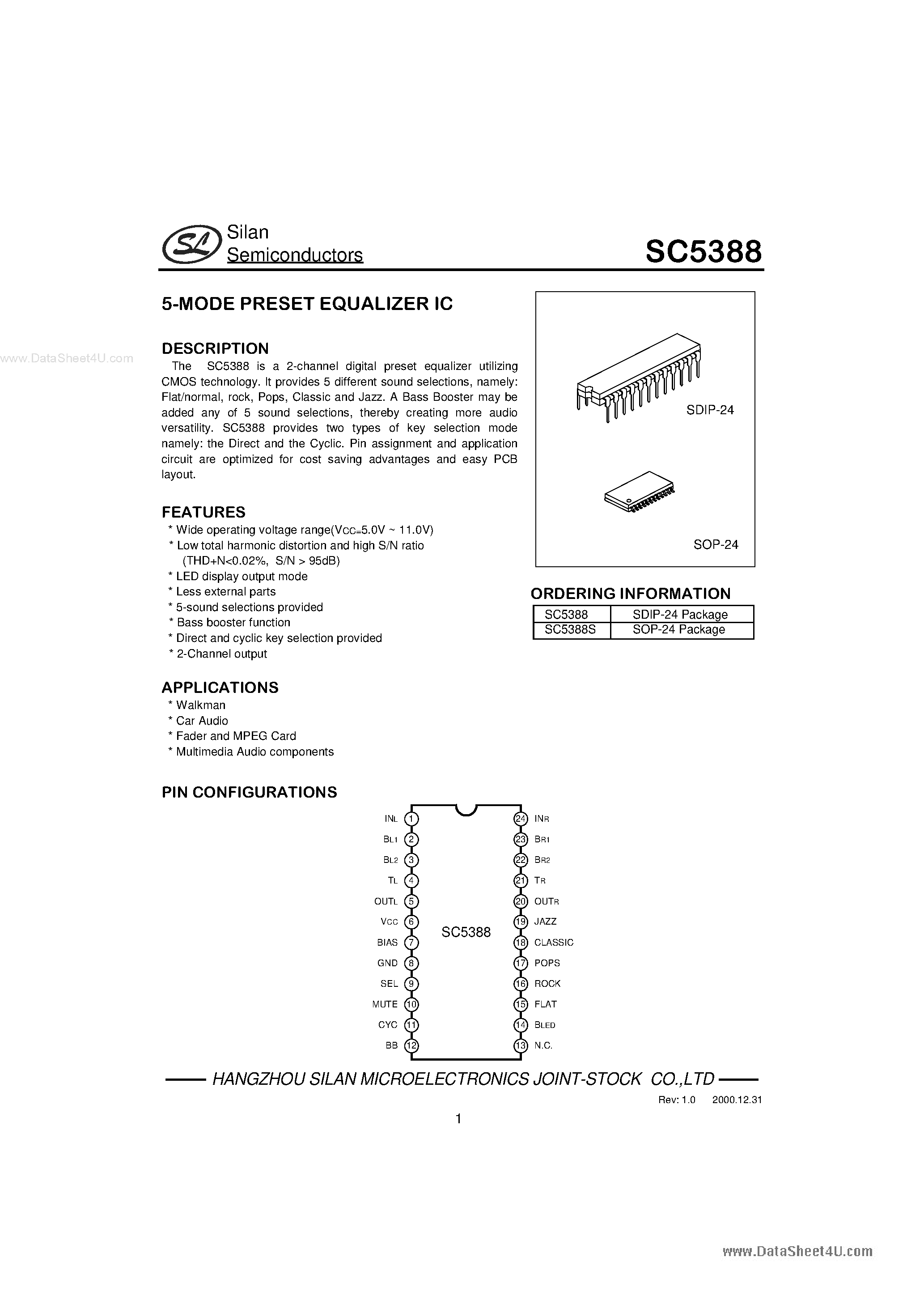 Datasheet SC5388 - 5-MODE PRESET EQUALIZER IC page 1