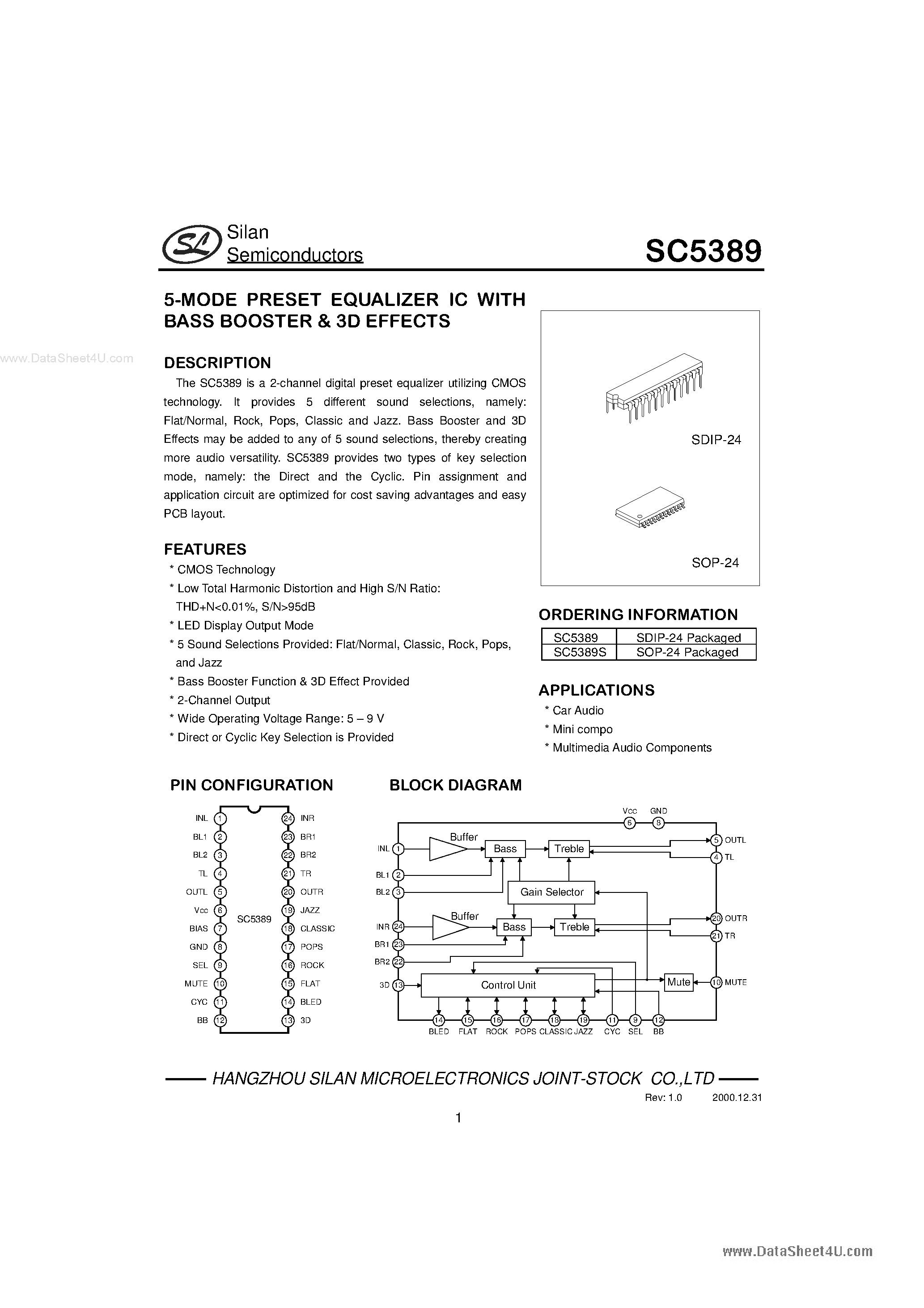 Datasheet SC5389 - 5-MODE PRESET EQUALIZER IC page 1