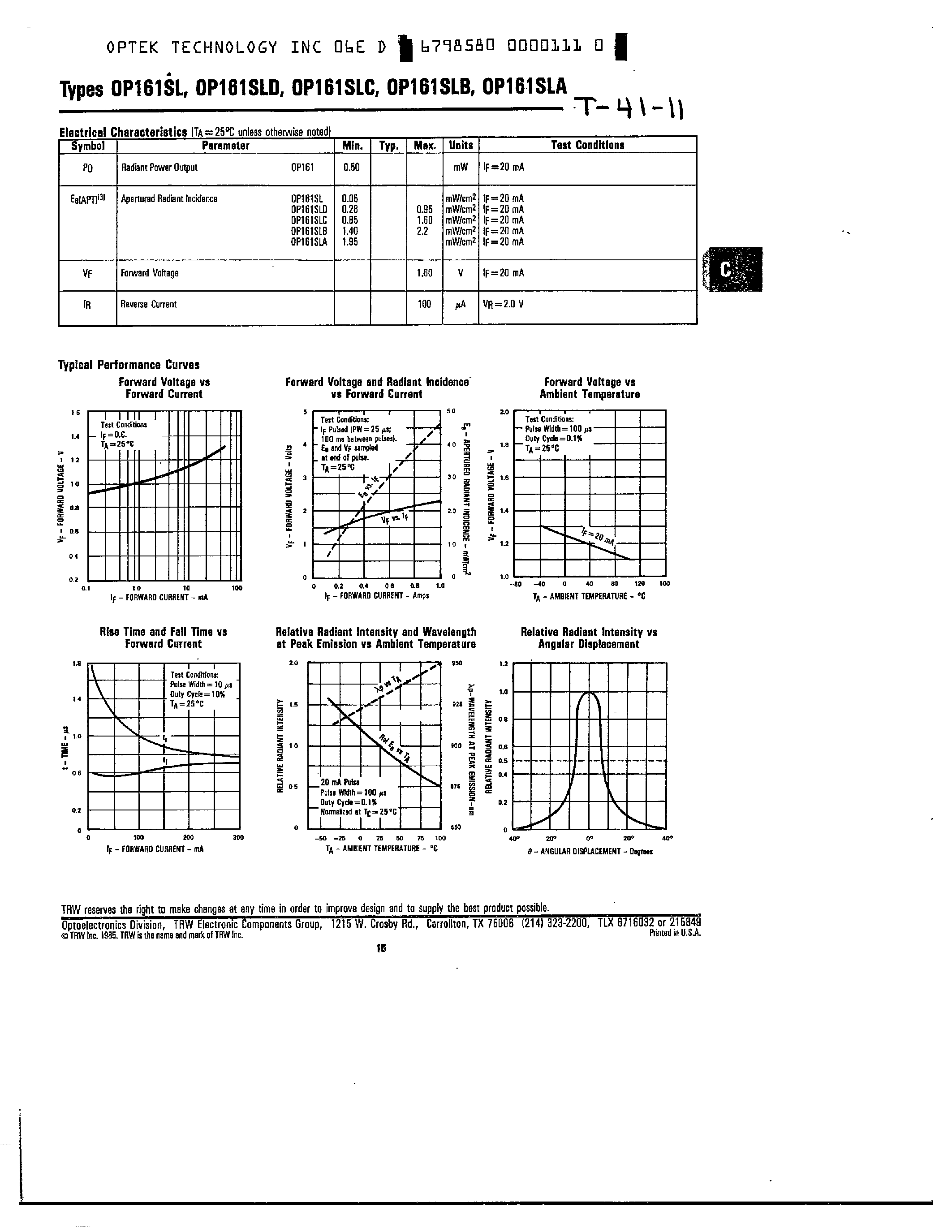 Datasheet OP161SL page 2 Datasheet OP161SL - GaAs Plastic Infrared Emitting Diodes page 2