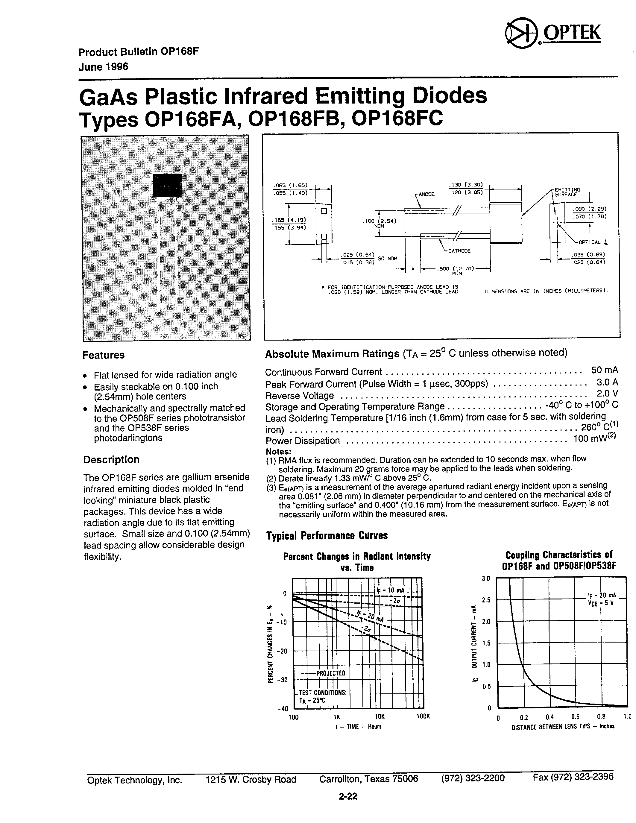Даташит на микросхему OP168FA страница 1 Даташит OP168FA - GaAs Plastic Infrared Emitting Diodes страница 1