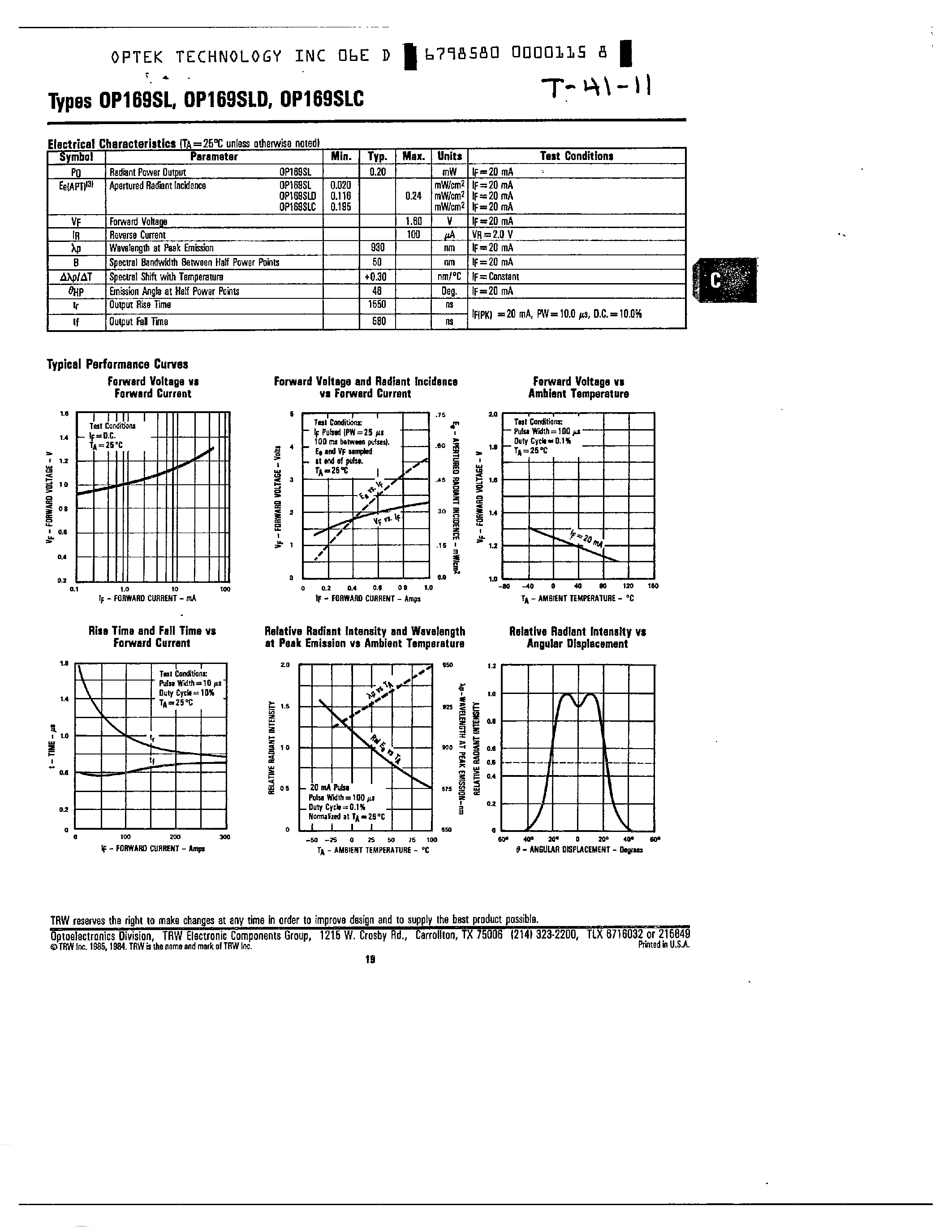 Datasheet OP169SL page 2 Datasheet OP169SL - GaAs PLASTIC INFRARED EMITTING DIODES page 2