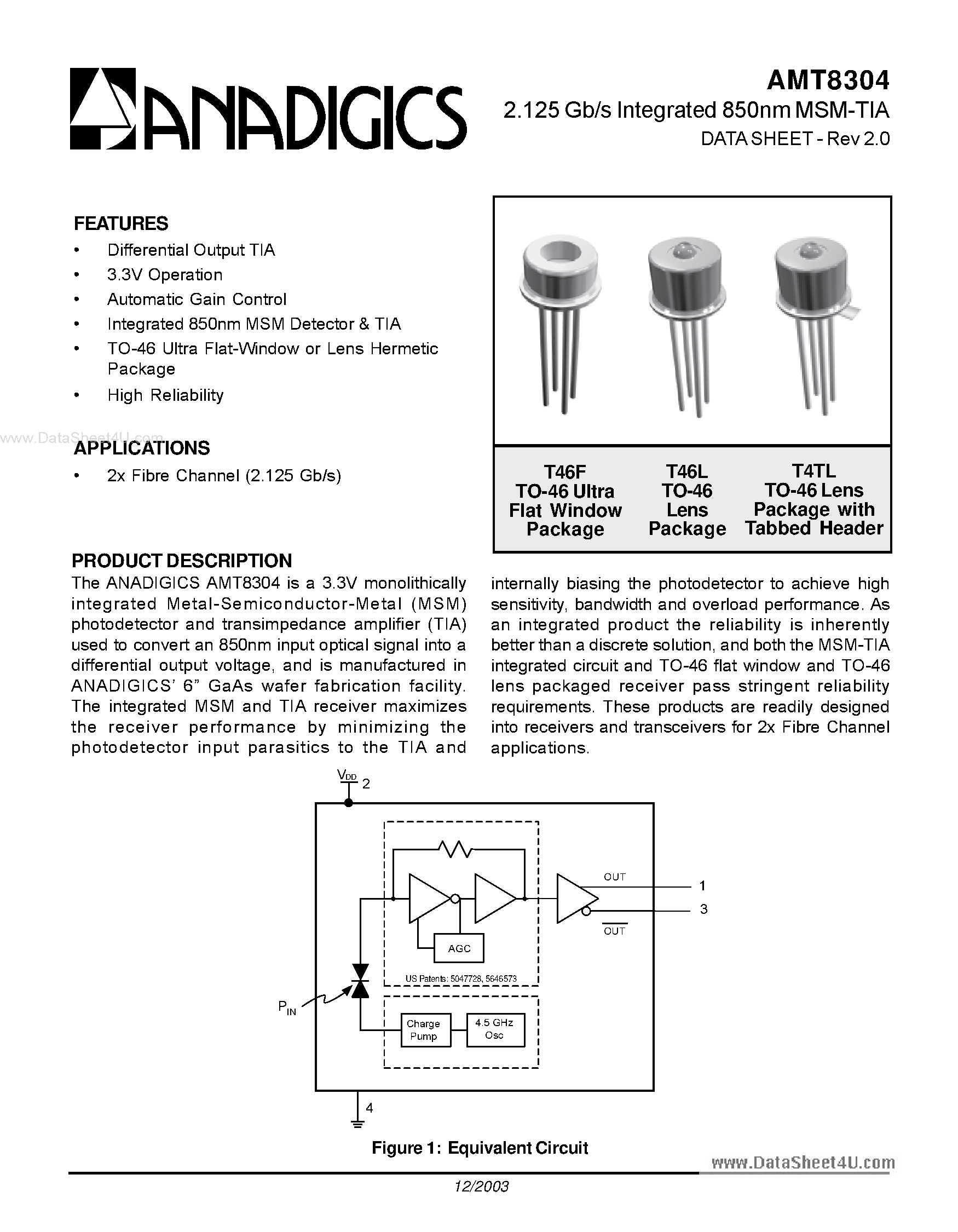 Datasheet AMT8304 - 2.125 Gb/s Integrated 850nm MSM-TIA page 1