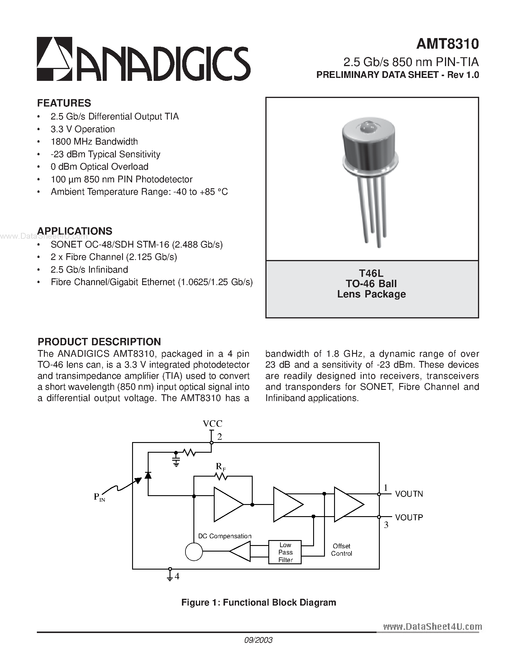 Datasheet AMT8310 - 2.5 Gb/s 850 nm PIN-TIA page 1