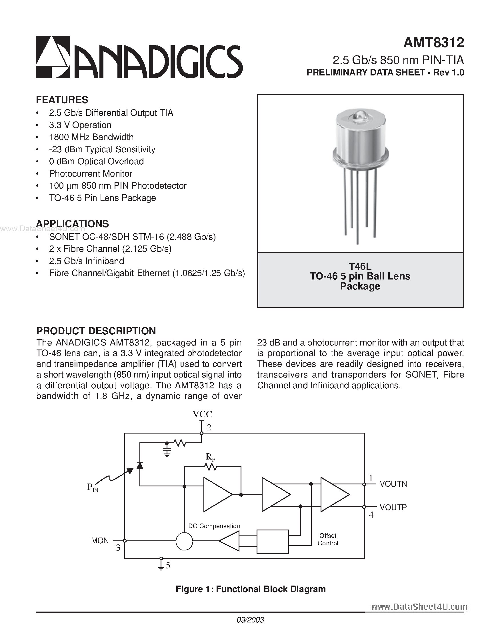 Datasheet AMT8312 page 1 Datasheet AMT8312 - 2.5 Gb/s 850 nm PIN-TIA page 1