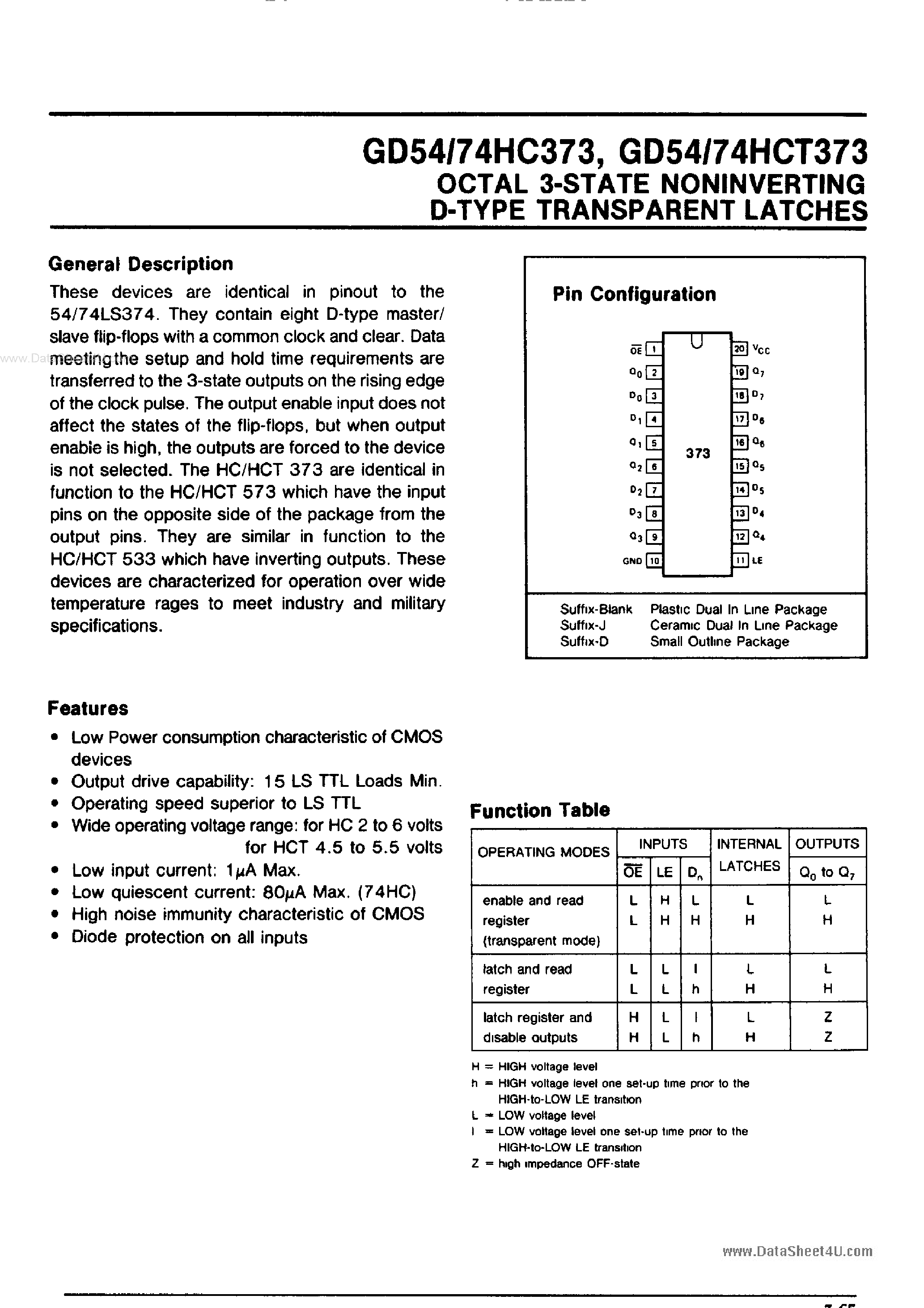 Datasheet GD54HC373 - Octal 3-State Noninverting D-Type Transparent Latches page 1