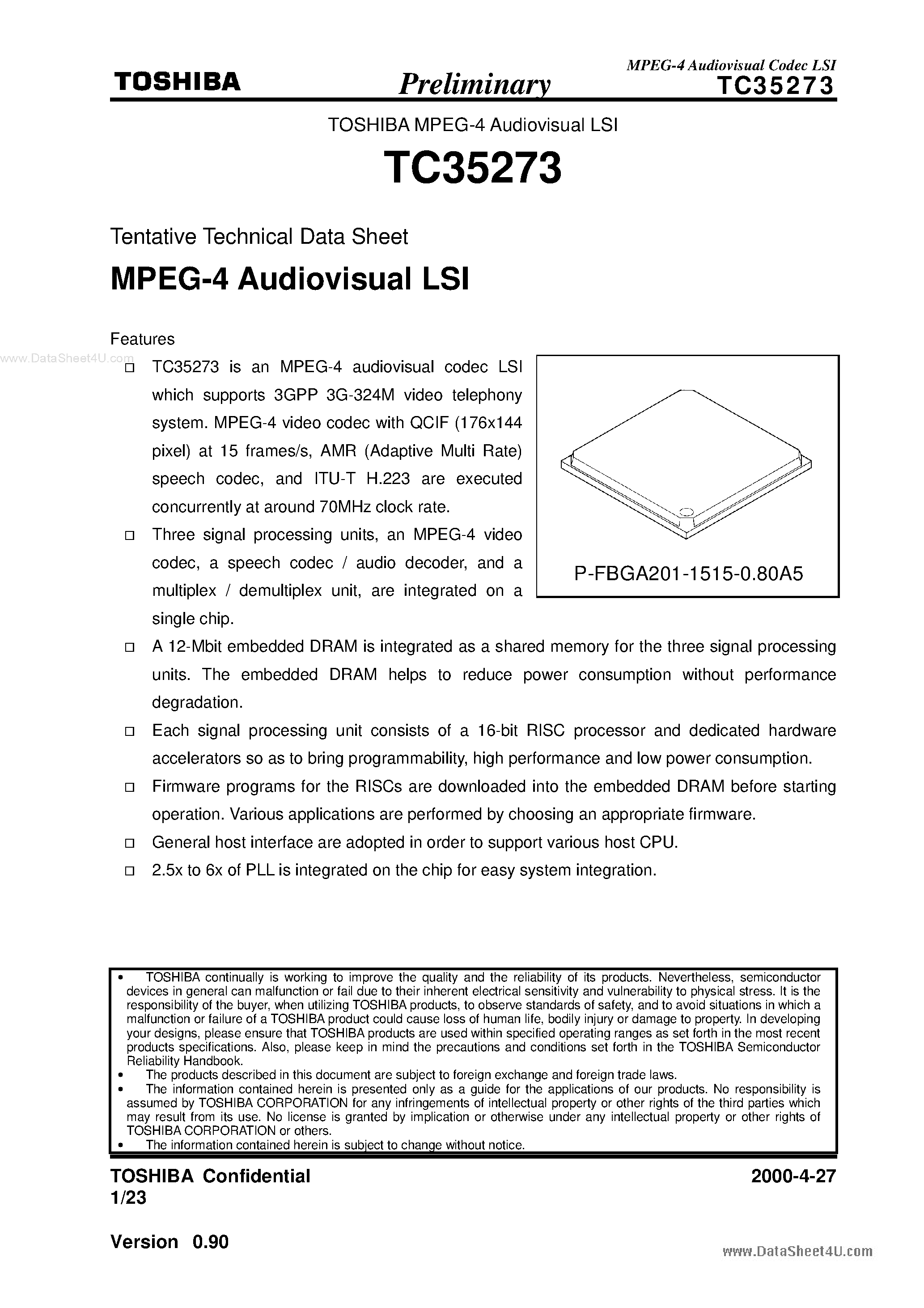 Datasheet TC35273 page 1 Datasheet TC35273 - MPEG-4 Audiovisual LSI page 1