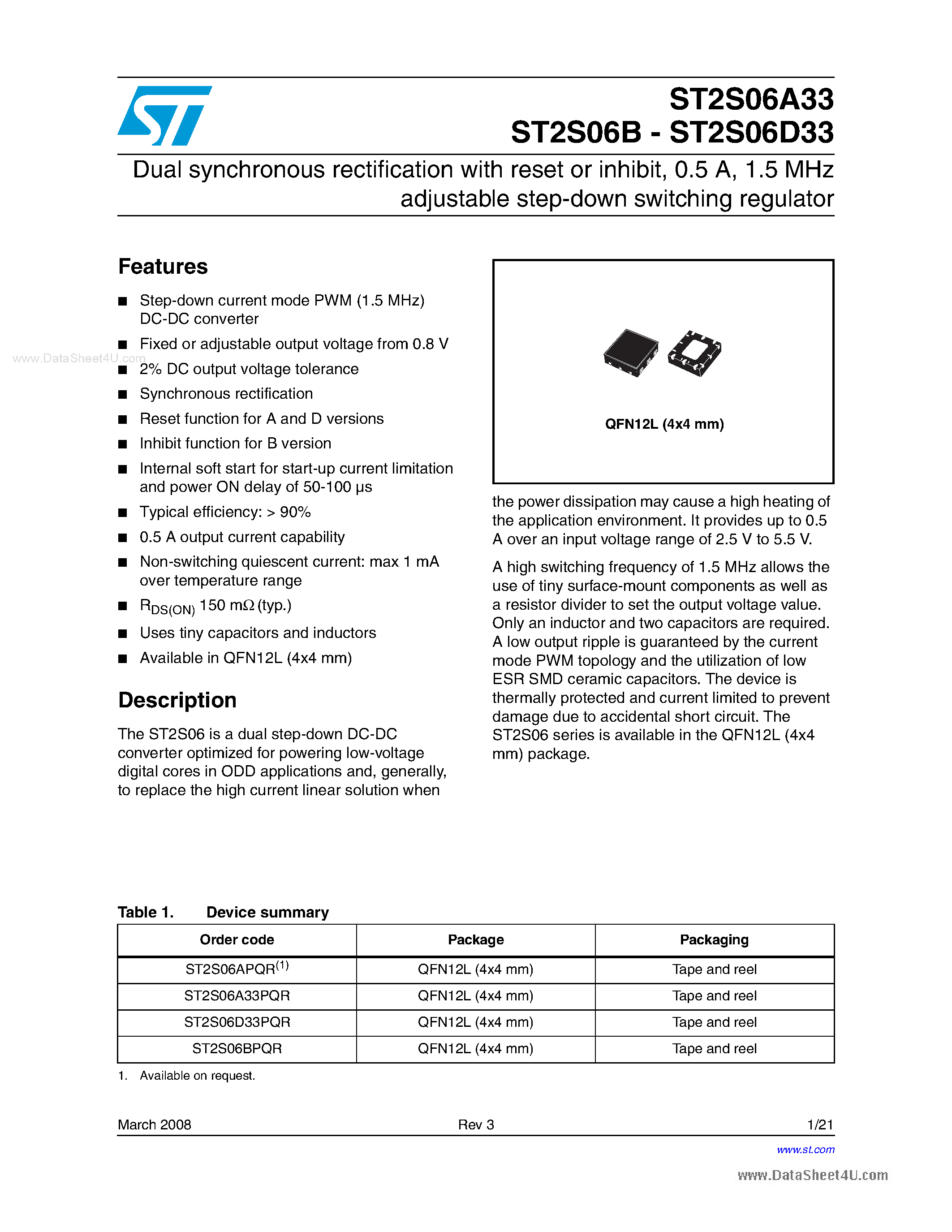 Datasheet ST2S06A33 page 1 Datasheet ST2S06A33 - (ST2S06xxx) Dual synchronous rectification page 1