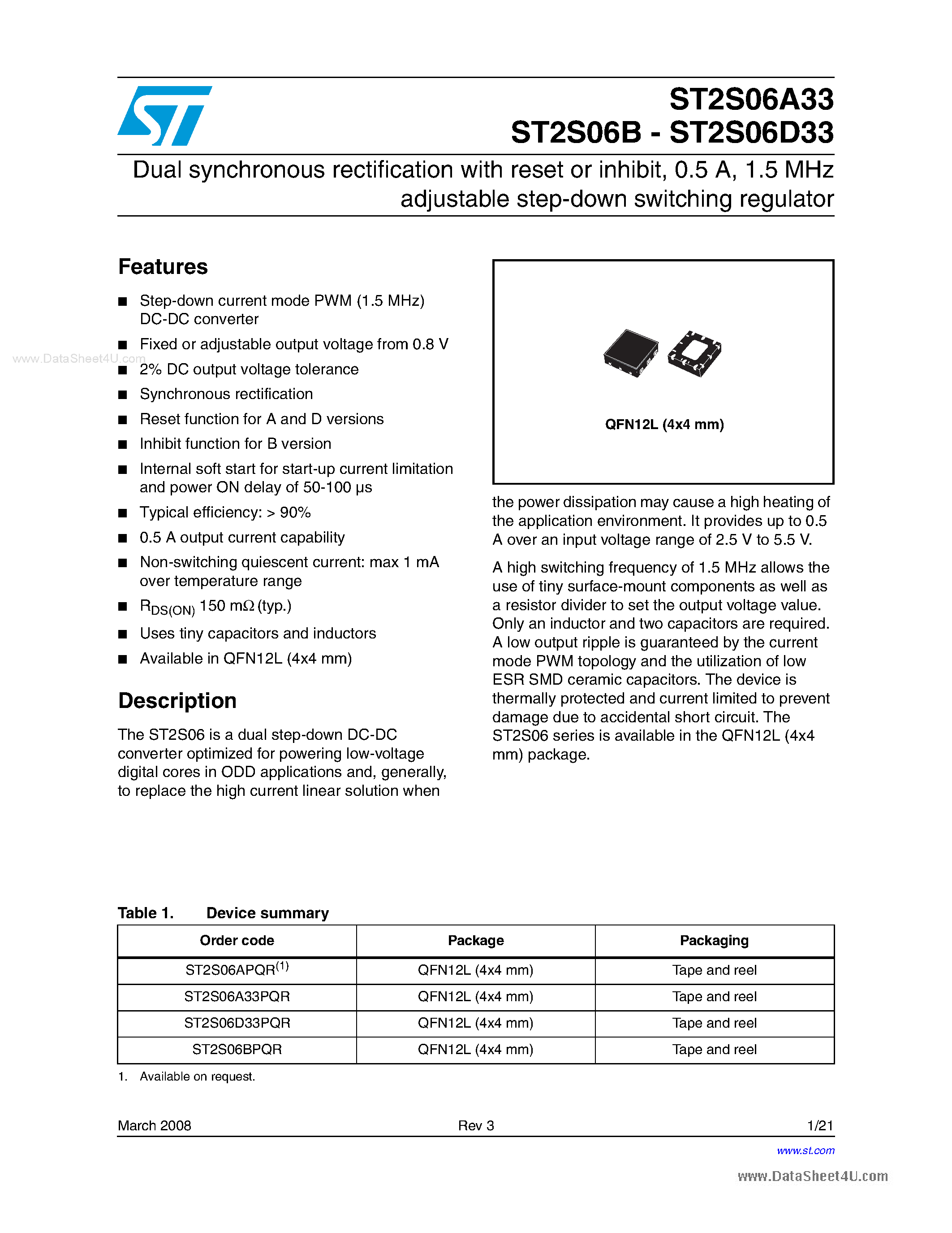 Datasheet ST2S06A33 - (ST2S06xxx) Dual synchronous rectification page 1