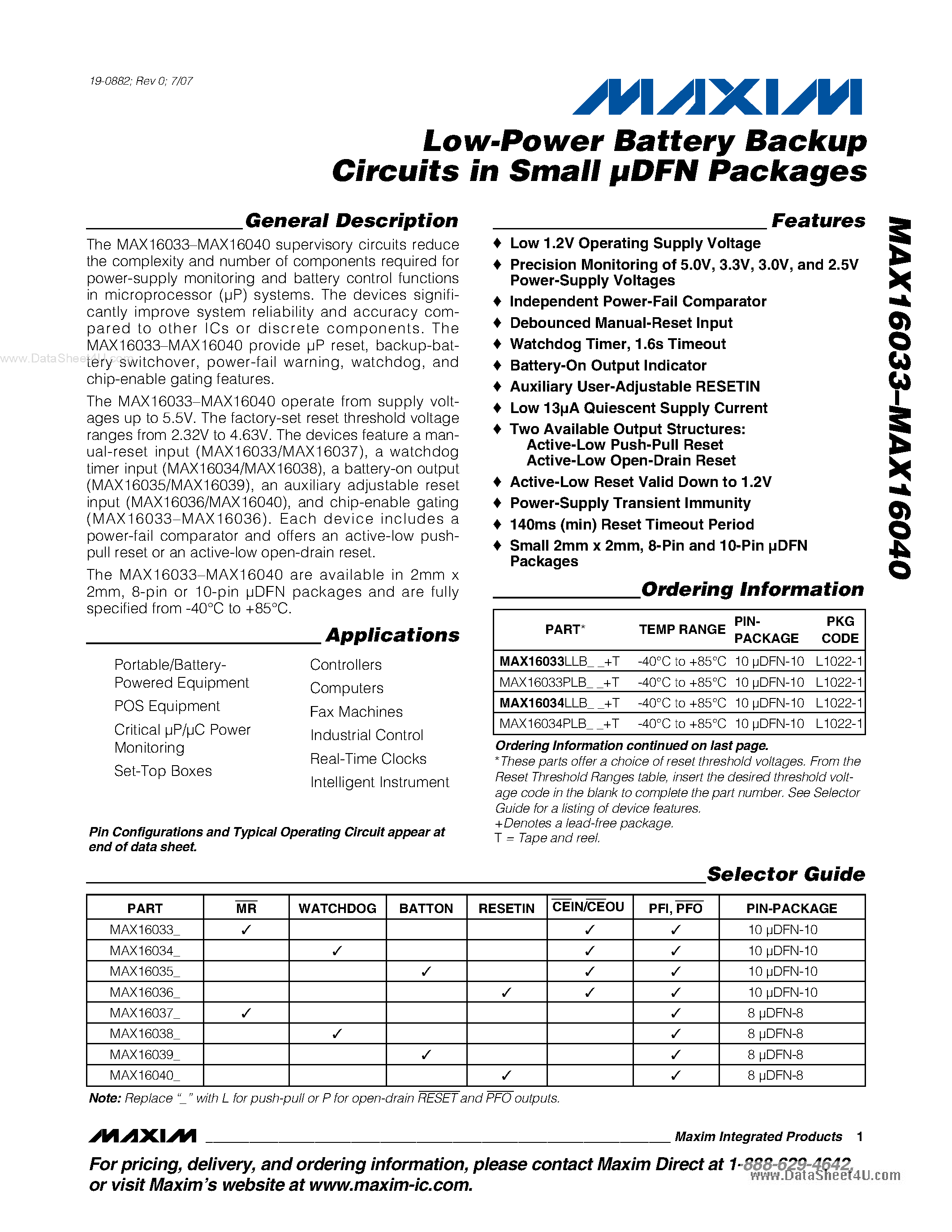 Datasheet MAX16033 - (MAX16033 - MAX16040) Low-Power Battery Backup Circuits page 1