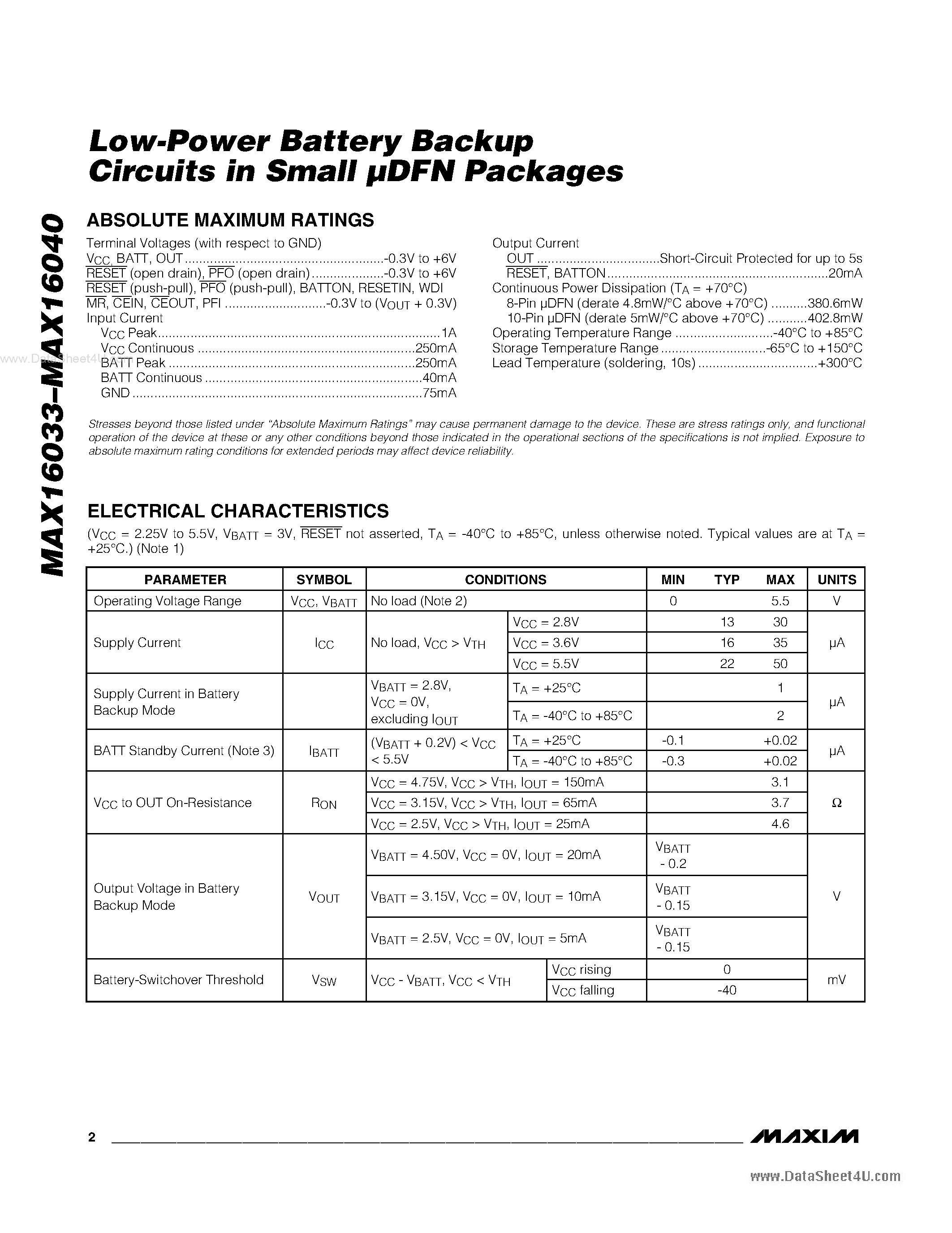 Datasheet MAX16033 - (MAX16033 - MAX16040) Low-Power Battery Backup Circuits page 2