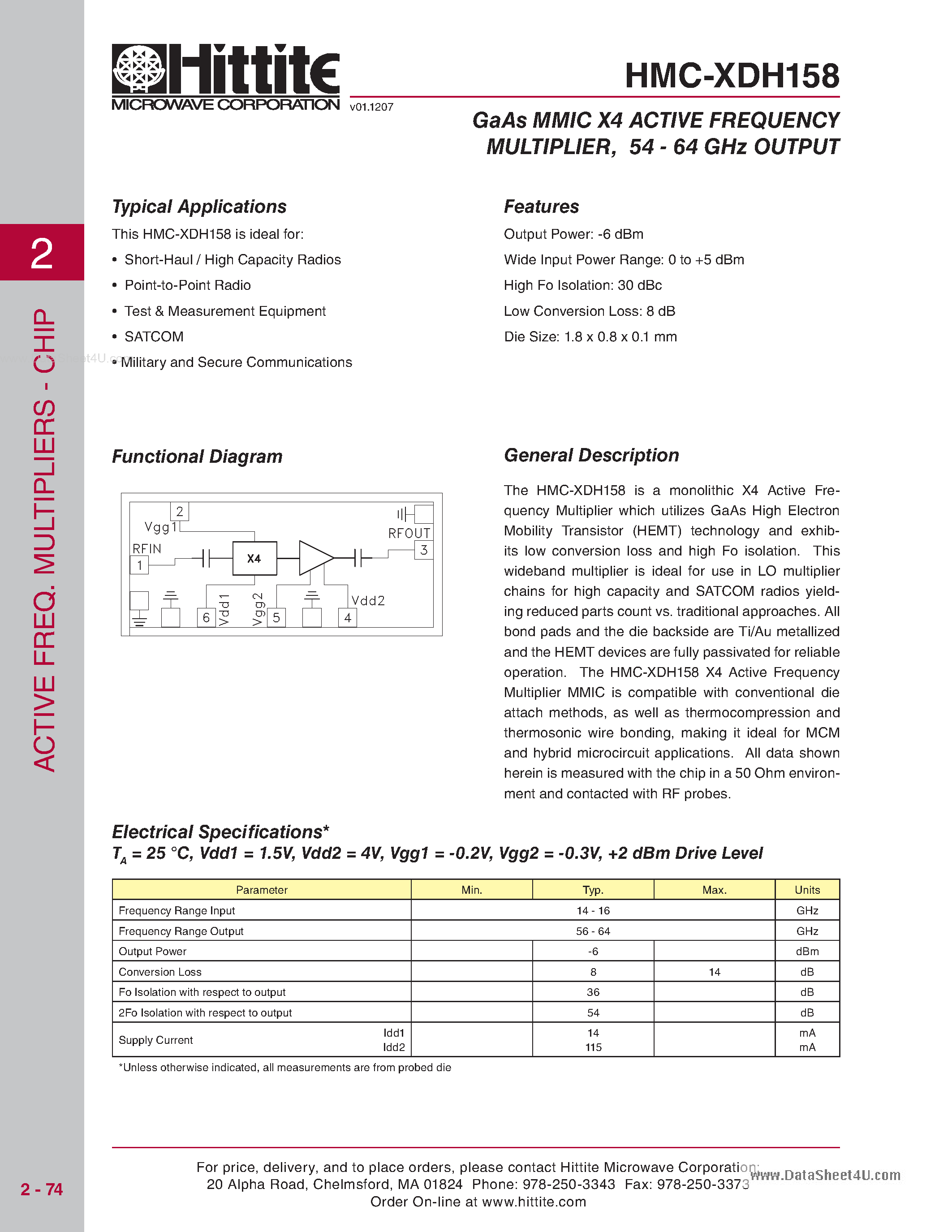 Даташит HMC-XDH158 - GaAs MMIC X4 ACTIVE FREQUENCY MULTIPLIER страница 1