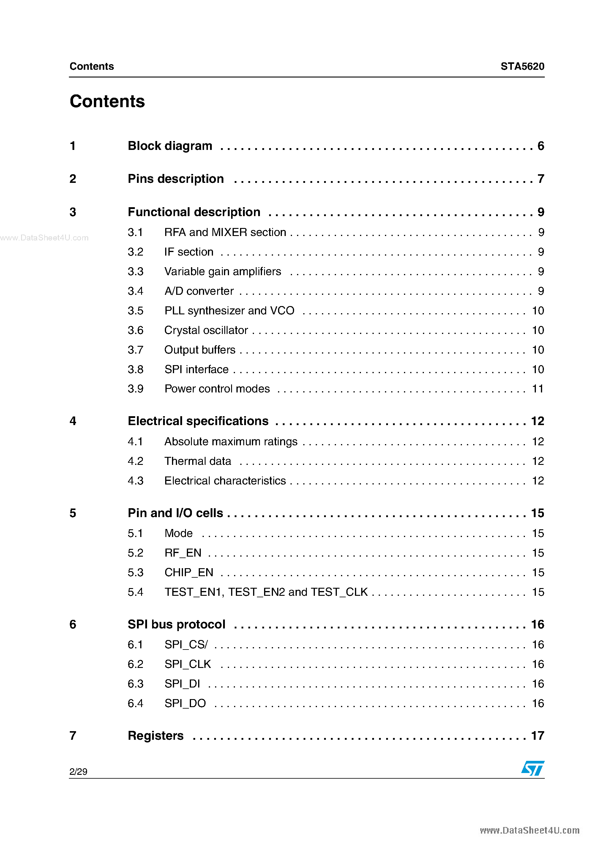 Даташит на микросхему STA5620 страница 2 Даташит STA5620 - Fully integrated RF front-end страница 2