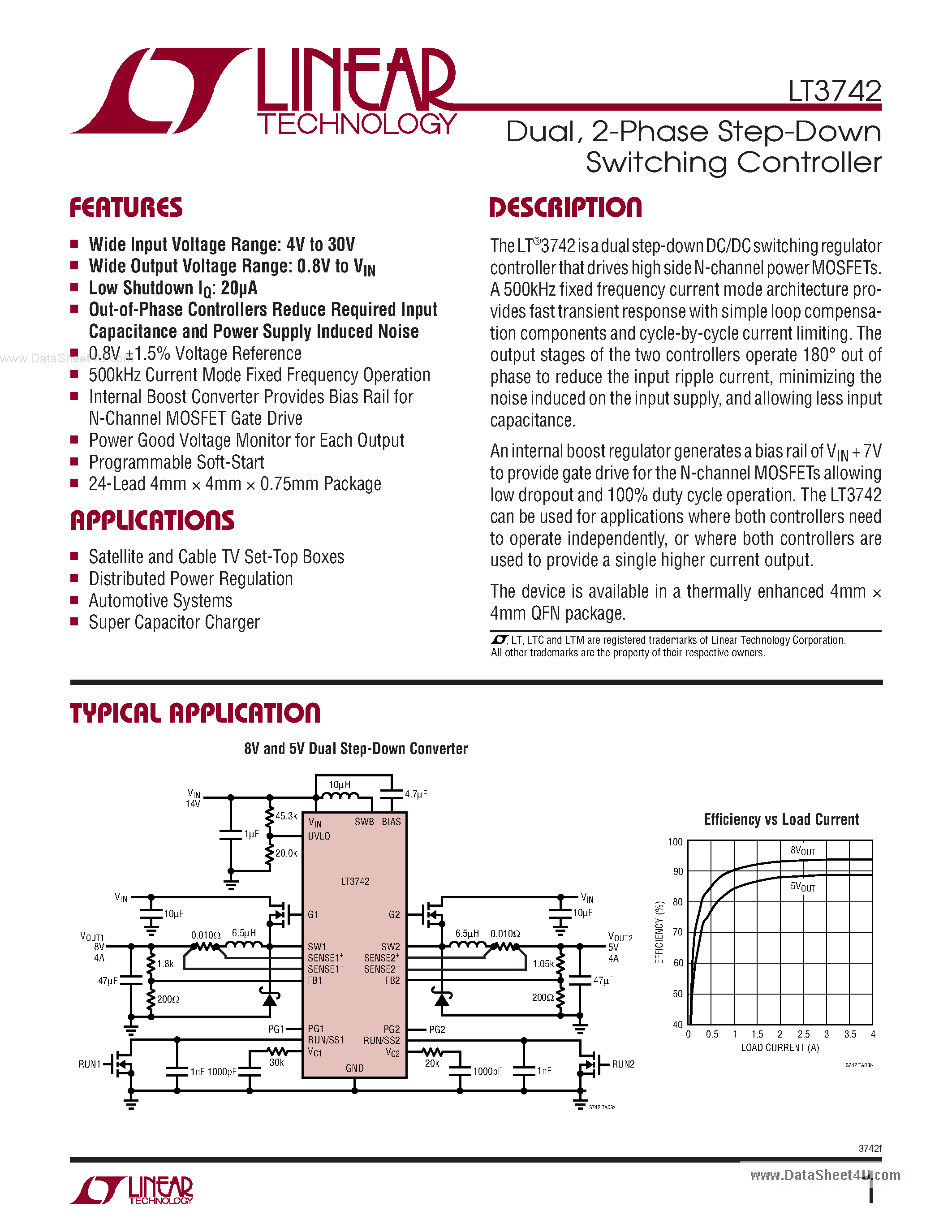 Даташит на микросхему LT3742 страница 1 Даташит LT3742 - 2-Phase Step-Down Switching Controller страница 1