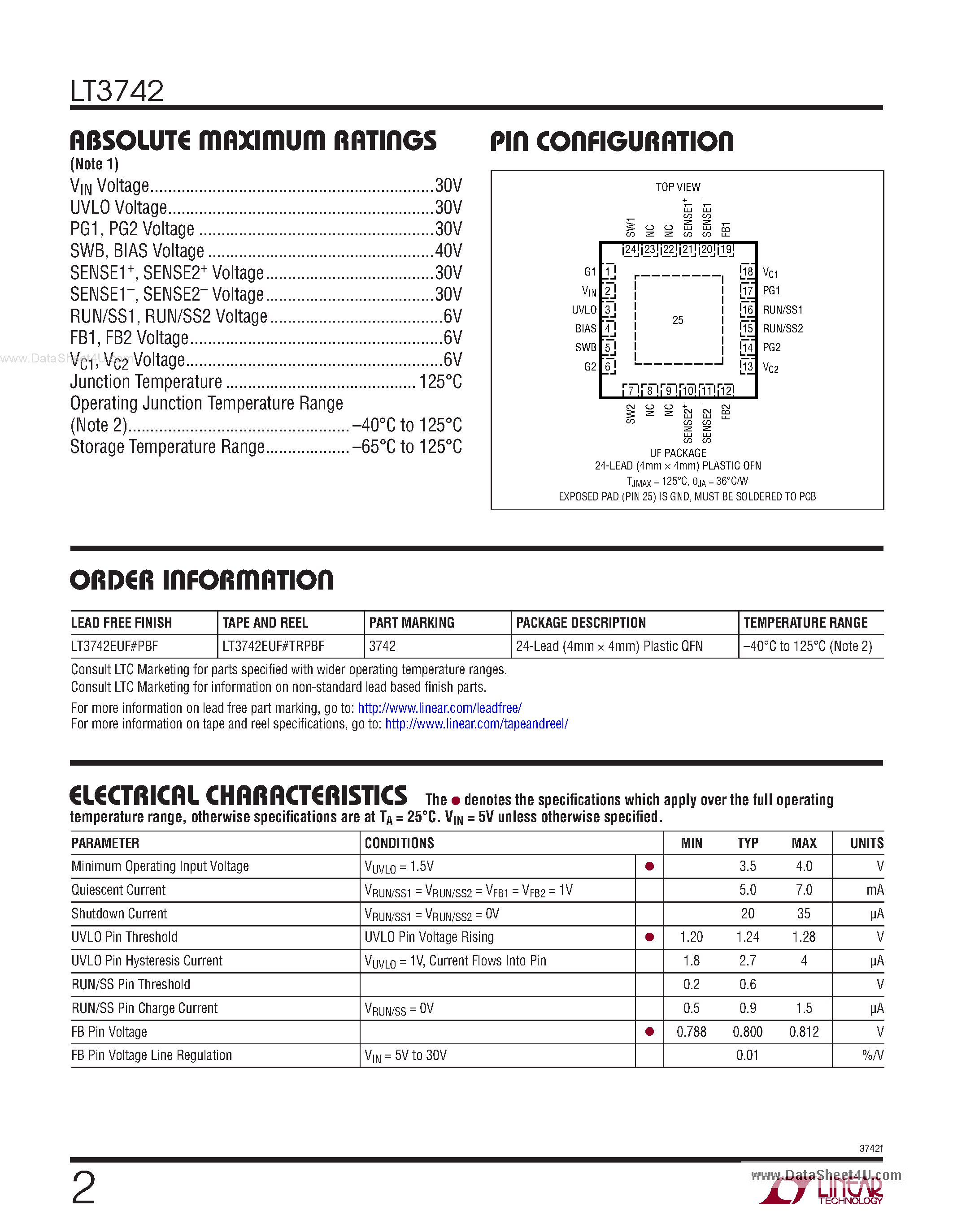 Даташит на микросхему LT3742 страница 2 Даташит LT3742 - 2-Phase Step-Down Switching Controller страница 2